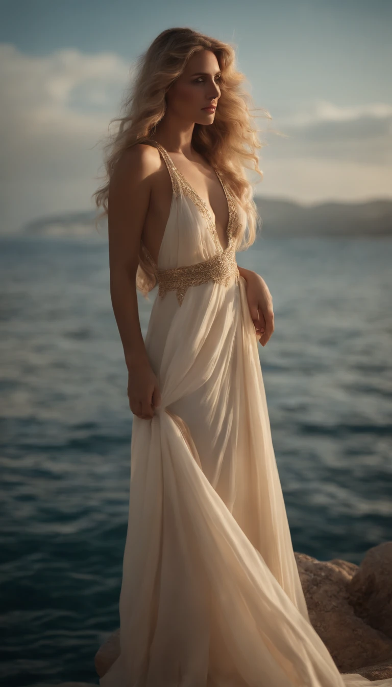 Description of ancient Greek mythology，Colorful clouds fill the entire sky，Venus, the Greek goddess dressed in Kramis beige veil, stands naked and light on the skyline sea，Long flowing light blonde hair，Expose the collarbone shoulders，Barefoot，Perfect and exquisite facial features，The sea is misty，Ultra high quality，Highly realistic，8K分辨率，full body shot shot，，natural soft light，It's like a Victorian oil painting，high detal，