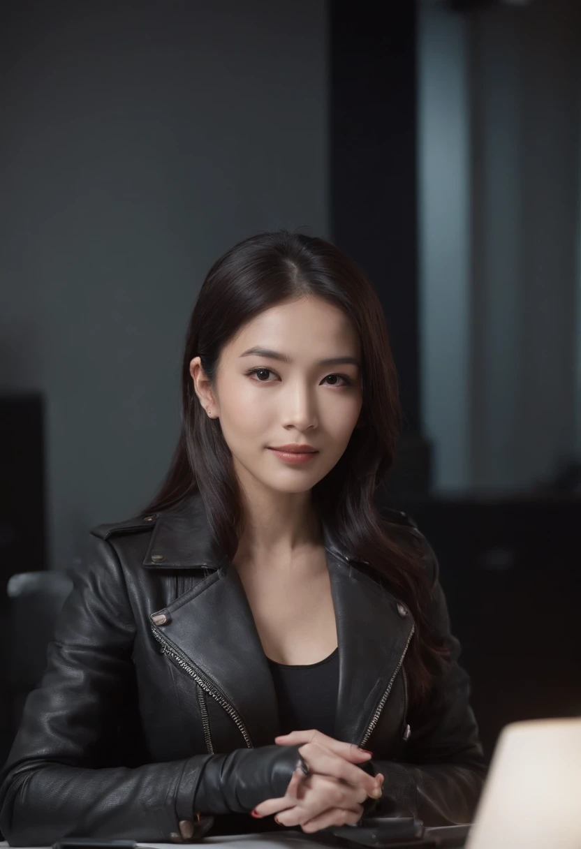 Wearing black leather gloves in both hands, upper body, black leather rider's jacket, facing the desk in the modern study in the dark, looking down, smiling, long, straight black hair, young Japanese woman (black leather gloves covering both hands) Sitting on a chair with the fingers of black leather gloves, working on the computer