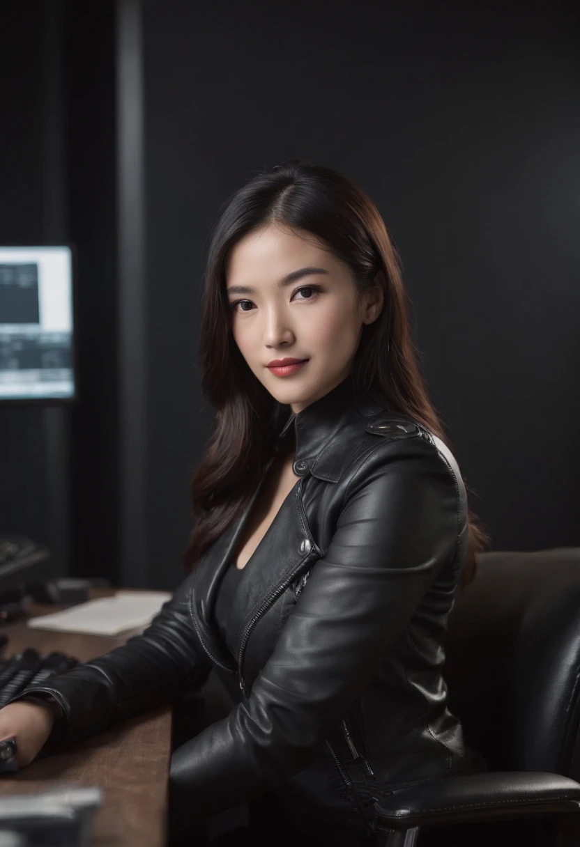 Wearing black leather gloves in both hands, upper body, black leather rider's jacket, facing the desk in the modern study in the dark, looking down, smiling, long, straight black hair, young Japanese woman (black leather gloves covering both hands) Sitting on a chair with the fingers of black leather gloves, working on the computer