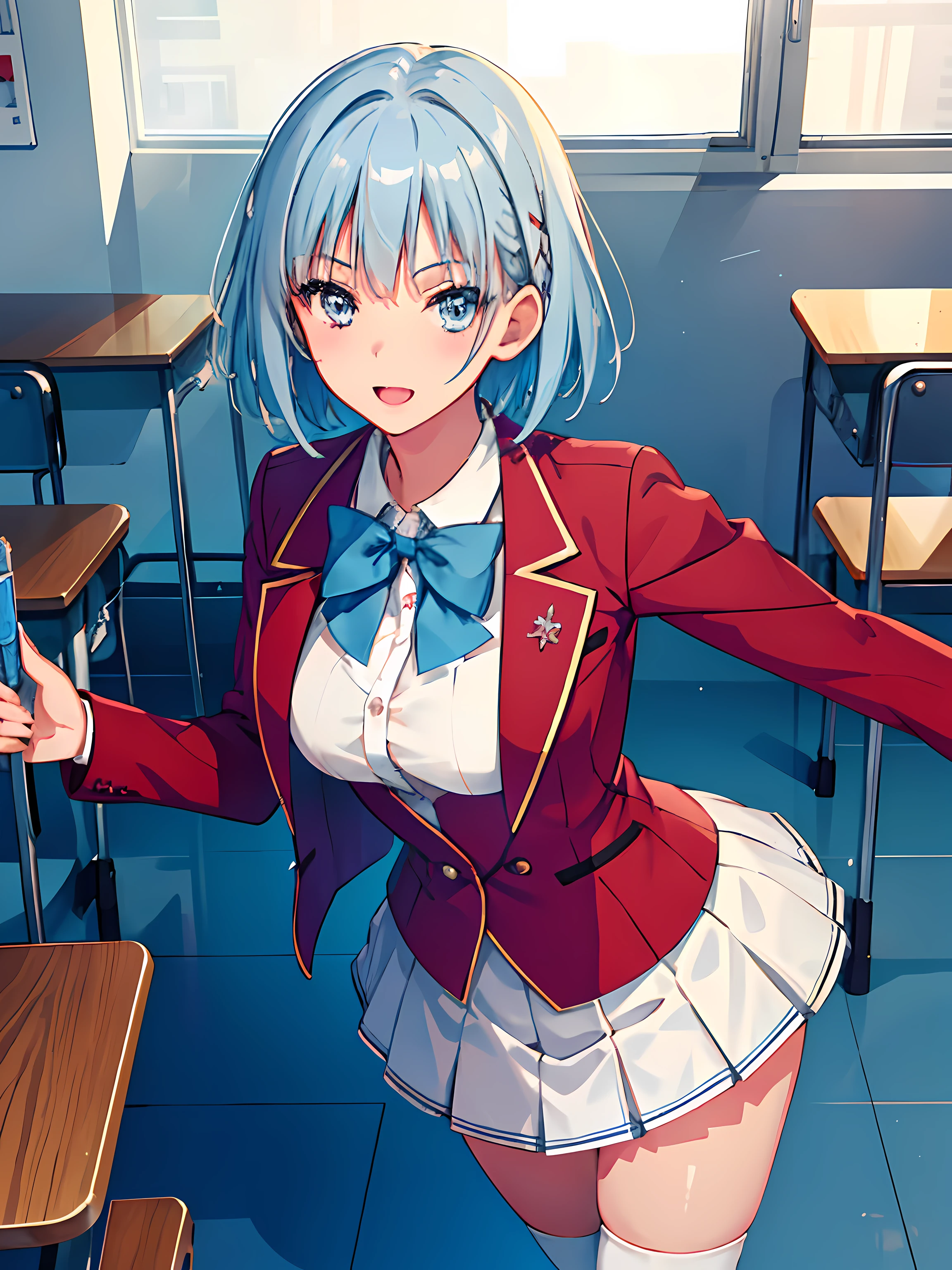 1 girl, short hair, light blue hair, white School uniform, White skirt, Red Jacket, blush, smiling, happy, classroom
masterpeace, best quality, (extremely detailed CG:1.4), highly detailed faces, glowing, sidelighting, wallpaper