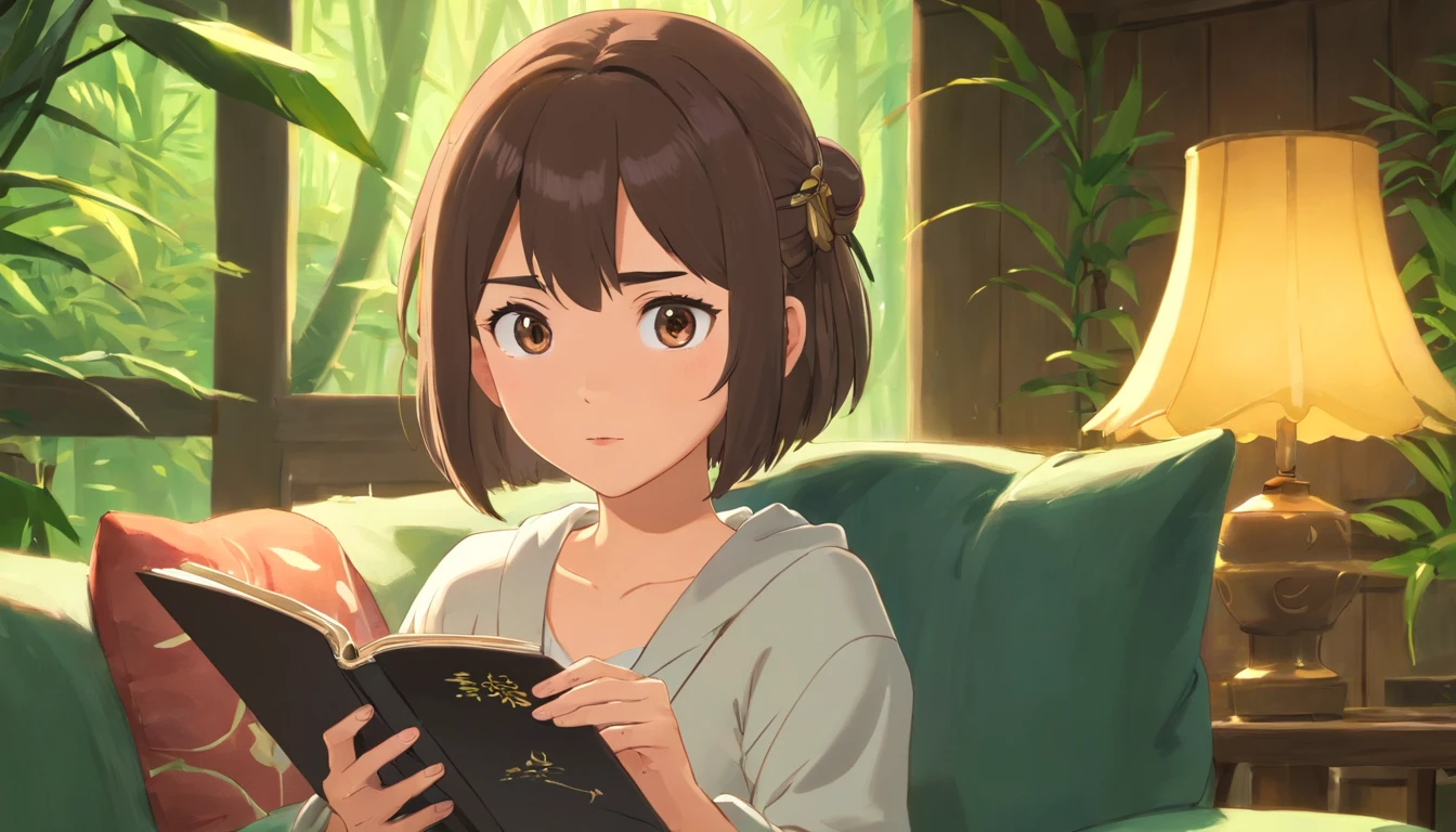 woman sitting on a couch reading a book in a living room, reading a book, relaxing concept art, book portrait, realistic illustration, realistic afternoon lighting, realistic artstyle, reading new book, photorealistic illustration, realistic art style, relaxing on a couch, atey ghailan 8 k, inspired by Atey Ghailan, cozy environment, relaxing on the couch,, masterpiece, best quality, soft lighting, absurdres, 1girl, solo focus, skin imperfection, skindentation, perfect face, puffy face, beautiful face, big eyes, puffy eyes, perfect eyes, eyelashes, Hu Tao (genshin impact) from genshin impact, outdoor, bamboo forest, 8k, UHD, HDR, (Masterpiece:1. 5), (best quality:1. 5)