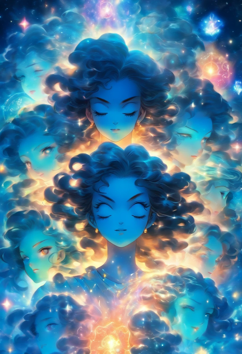 Divine Spirits, meninas felizes e tristes, representing the zodiac sign of Gemini. cores vibrantes, olhos e labios detalhados, mystic atmosphere, fundo celeste, Artistic illustration, alta qualidade (8K resolution:1.2) realism rendering, soft lighting