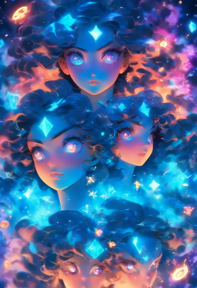 Divine Spirits, meninas felizes e tristes, representing the zodiac sign of Gemini. cores vibrantes, olhos e labios detalhados, mystic atmosphere, fundo celeste, Artistic illustration, alta qualidade (8K resolution:1.2) realism rendering, soft lighting