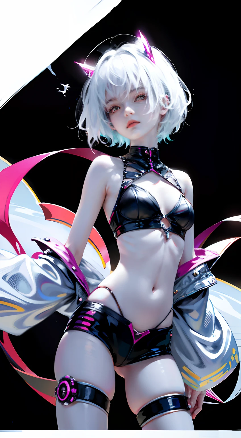 (tmasterpiece,top Quority,best qualtiy),1girll,full bodyesbian,cyber punk perssonage,flatchest,(Upper body bikini),hot pant,(with short white hair),