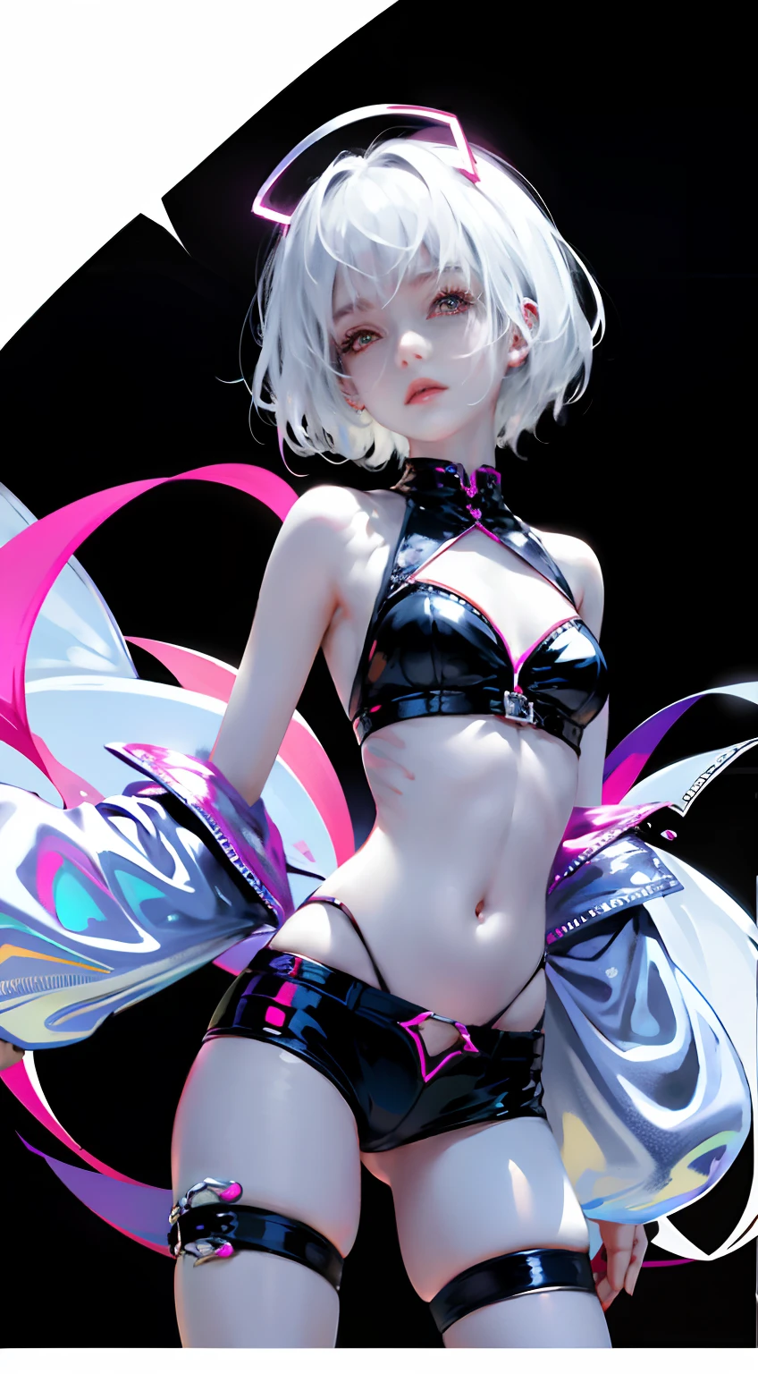 （tmasterpiece，top Quority，best qualtiy），1girll，full bodyesbian，cyber punk perssonage，flatchest，（Upper body bikini），hot pant，（with short white hair），