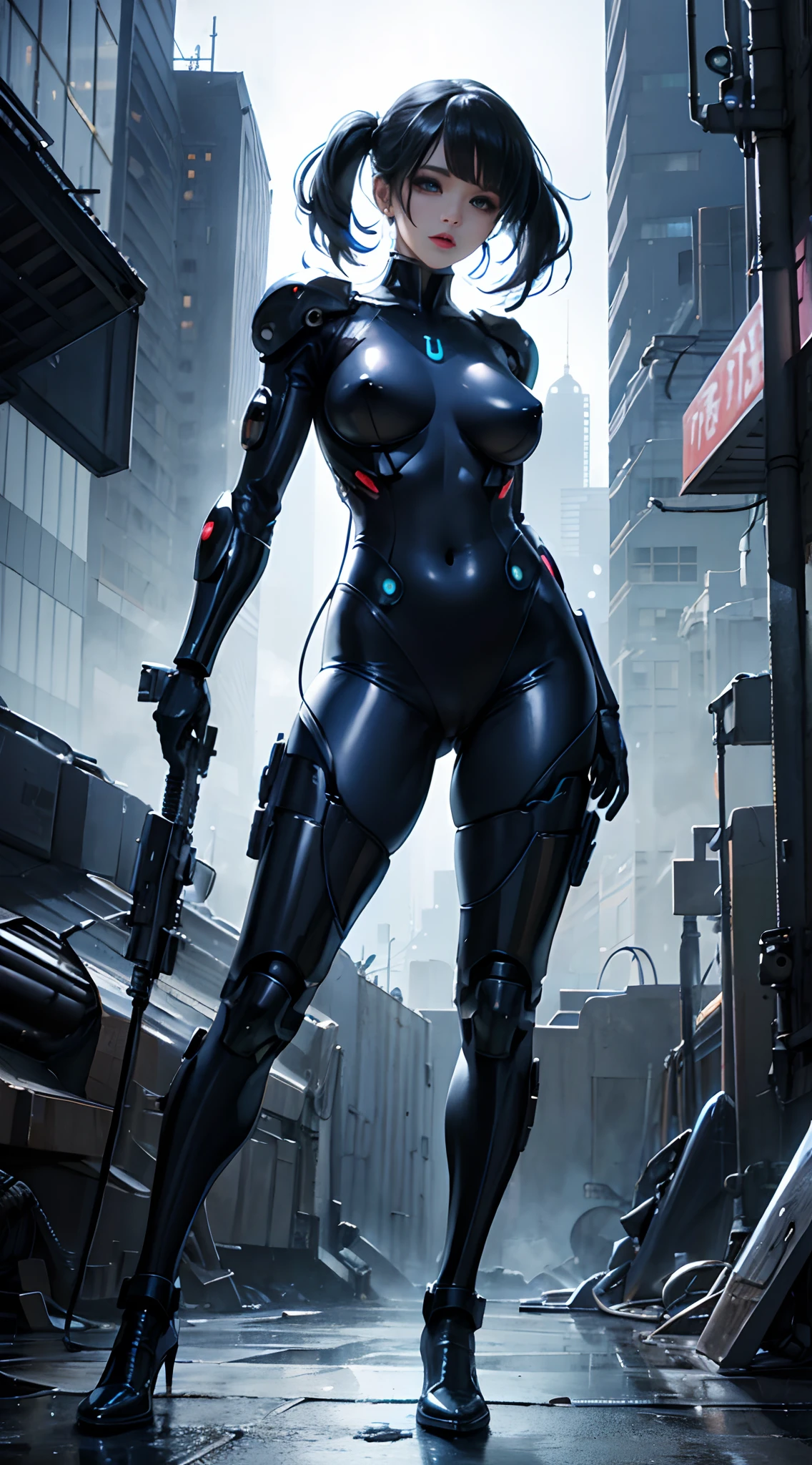 Cinematic,Dramatic,Natural Hairstyles,Female naked cyborg,Beautiful anime girl,Reveal suit,,Latex,fantrome,Hentai,kawaii,Stylish,,busty, Pubic hair,Glamour,blue color tone,Psychedelic Costume,Armored,Cyberpunk dystopian girl,Fantastic dystopia,Dystopian landscape,bladerunner,Ghost in the Shell,Photorealistic,Psychedelic and colorful tones,Posing,Armed,guns,arma,masutepiece,Detailed background,8K,NSFW,hdr shadows