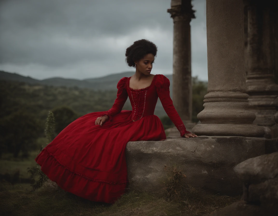Uma jovem negra, 20 anos, olhos castanhos escuros, triste, cara triste, pele negra, cabelos pretos, cabelo crespo preto, delineador, nariz grosso, wearing a red 19th-century Victorian dress, quarto da era vitoriana, Velas