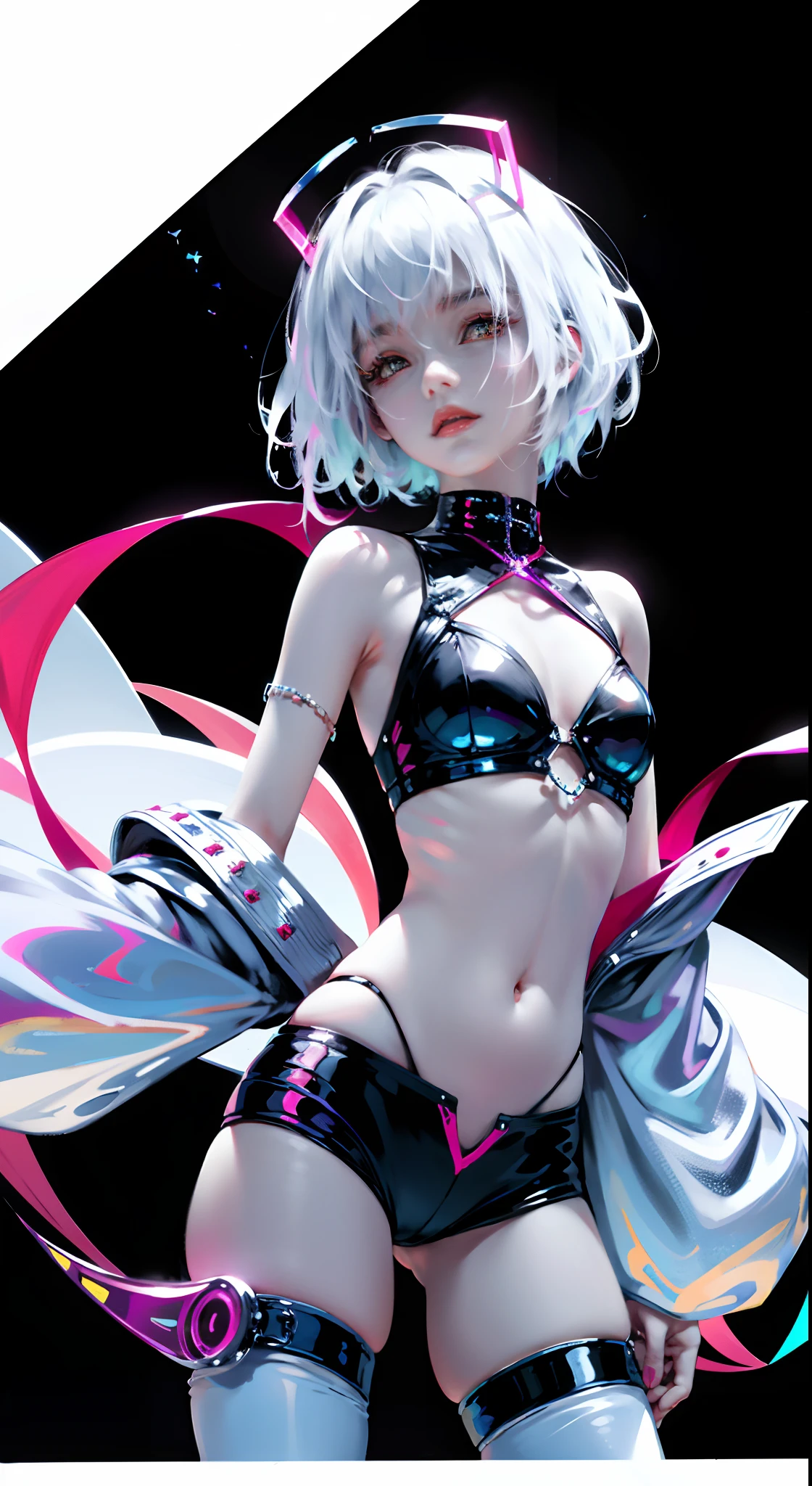 （tmasterpiece，top Quority，best qualtiy），1girll，full bodyesbian，cyber punk perssonage，flatchest，（Upper body bikini），hot pant，（with short white hair），