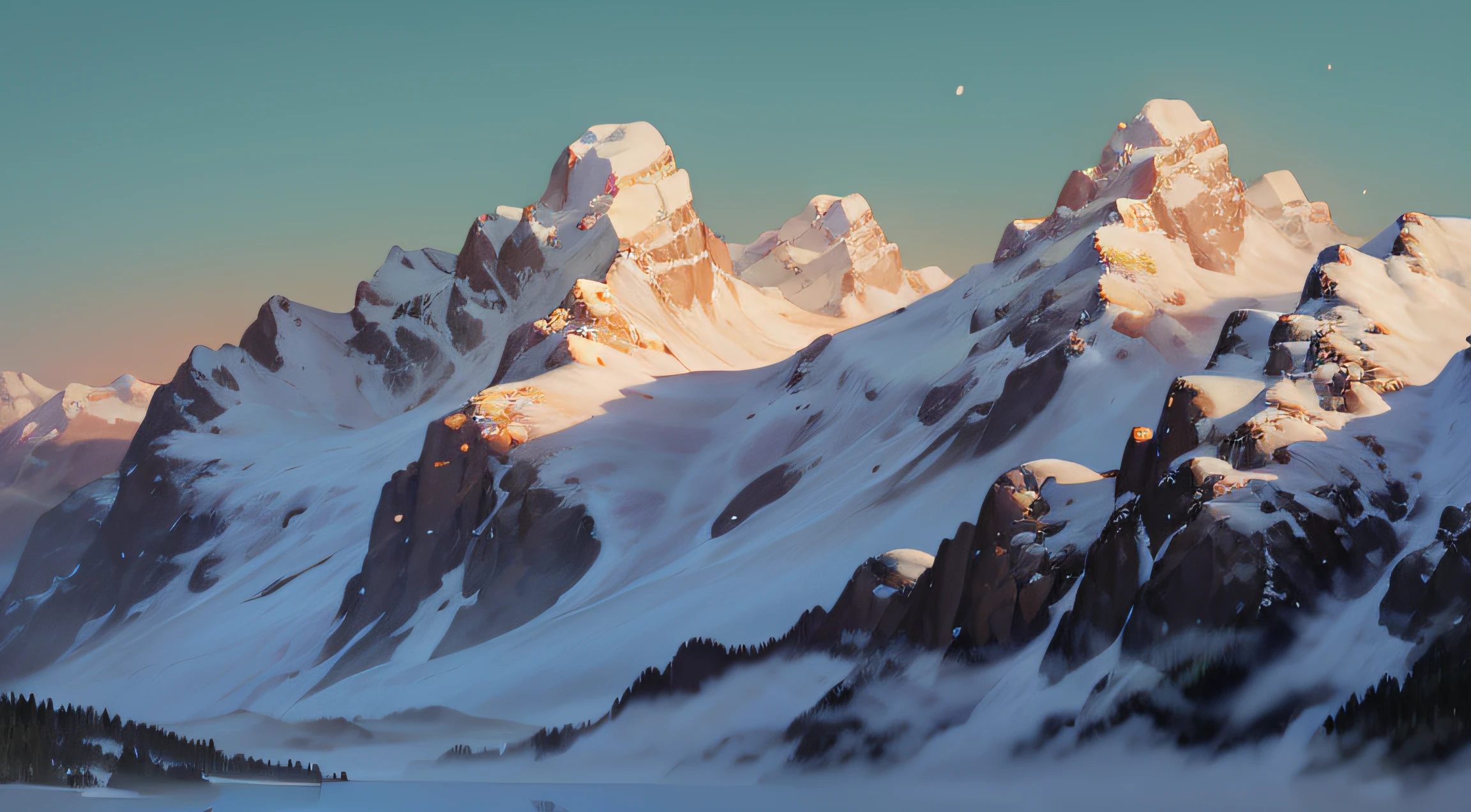 Mountain scene with snow capped peaks and rugged  outcrops
