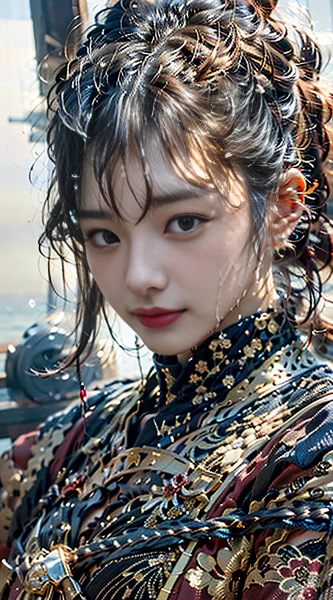 (((32ｋ,high detal,high-detail、​masterpiece,Attention to detail,full body Esbian,独奏,１man))),Raw photo & realistic atmosphere,beautiful dark blue eyes,Detailed mouth,Detailed eyebrows,Shine in every detail,Eyes drawn in detail、Very beautiful eyes with azure eyes,Detailed lips、Infinite reality, ,Brave samurai of the Sengoku period, bulky１7-year-old beautiful boy,Samurai of the Sengoku period of Japan,the whole body is wet,dripped out,with a flushed face,Tremendously beautiful１7-year-old Sengoku samurai beauty boy,（youthfulness,Sharp eyes,Serious beautiful look,Armor samurai of the Sengoku period,Sengoku armor,Armor of the Warring States Period,Black shiny hair,Chonmage,showing your whole body,Detailed crisp armor,Beautiful luxurious Sengoku armor,Armoured pockets,torso,small hand,Sandals,Shoulder to shoulder,Sengoku Warlord,Sengoku Daimyo,Strongly influenced by Sanada Yukimura,beautiful young boy,Image of the whole body turning red,Girlish face：1.8）