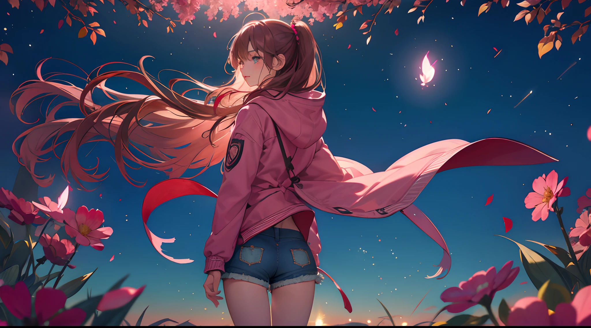 (​masterpiece), ((top-quality)), (ultra-detailliert), ((extremely delicate and beautiful)),the Extremely Detailed CG Unity 8K Wallpapers,细致背景,(Exquisite color by blocks),(Exquisite color by blocks),Depth Field,colourfull,、Beautiful detailed sky、morning glow、Drift Racing(Parallel Flow)、Breeze on the background of the flower garden、stands in a flowering field，Woman showing her back，Hair that flutters in the wind，Lights to plug in，Lonely look，Gaze into the distance，Pink highlights on brown hair，beautidful eyes，Beautiful eyes，long twin tail hair，Red and pink decorative long jacket with hood，Denim shorts，slim figure，Delicately expresses realistic skin texture，Floating on a spiral luminous object，Firefly luminescence，Facial expression close-up