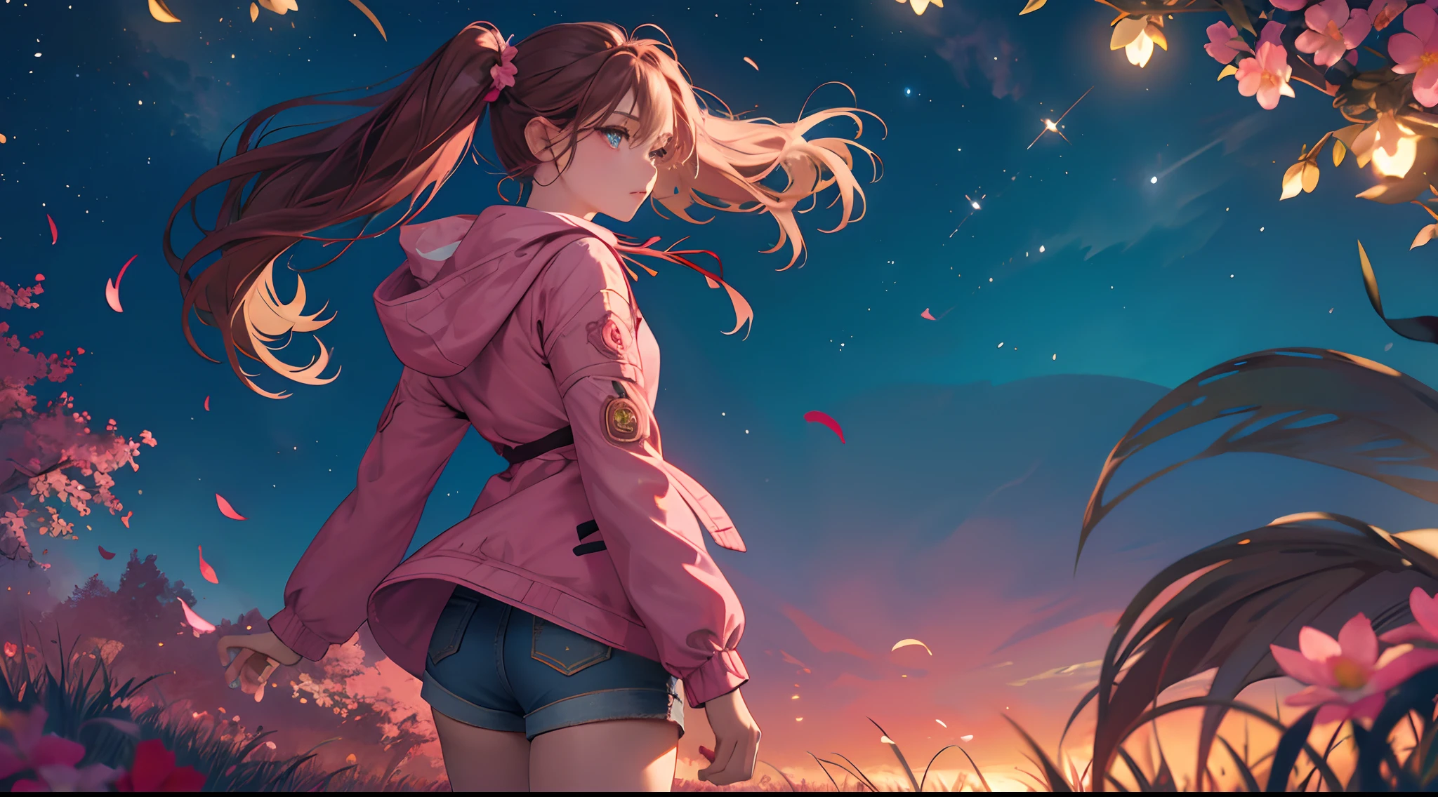 (masterpiece), ((top-quality)), (ultra-detailliert), ((extremely delicate and beautiful)),the Extremely Detailed CG Unity 8K Wallpapers,细致背景,(Exquisite color by blocks),(Exquisite color by blocks),Depth Field,colourfull,、Beautiful detailed sky、morning glow、Drift Racing(Parallel Flow)、Breeze on the background of the flower garden、stands in a flowering field,Woman showing her back,Hair that flutters in the wind,Lights to plug in,Lonely look,Gaze into the distance,Pink highlights on brown hair,beautidful eyes,Beautiful eyes,long twin tail hair,Red and pink decorative long jacket with hood,Denim shorts,slim figure,Delicately expresses realistic skin texture,Floating on a spiral luminous object,Firefly luminescence,Facial expression close-up