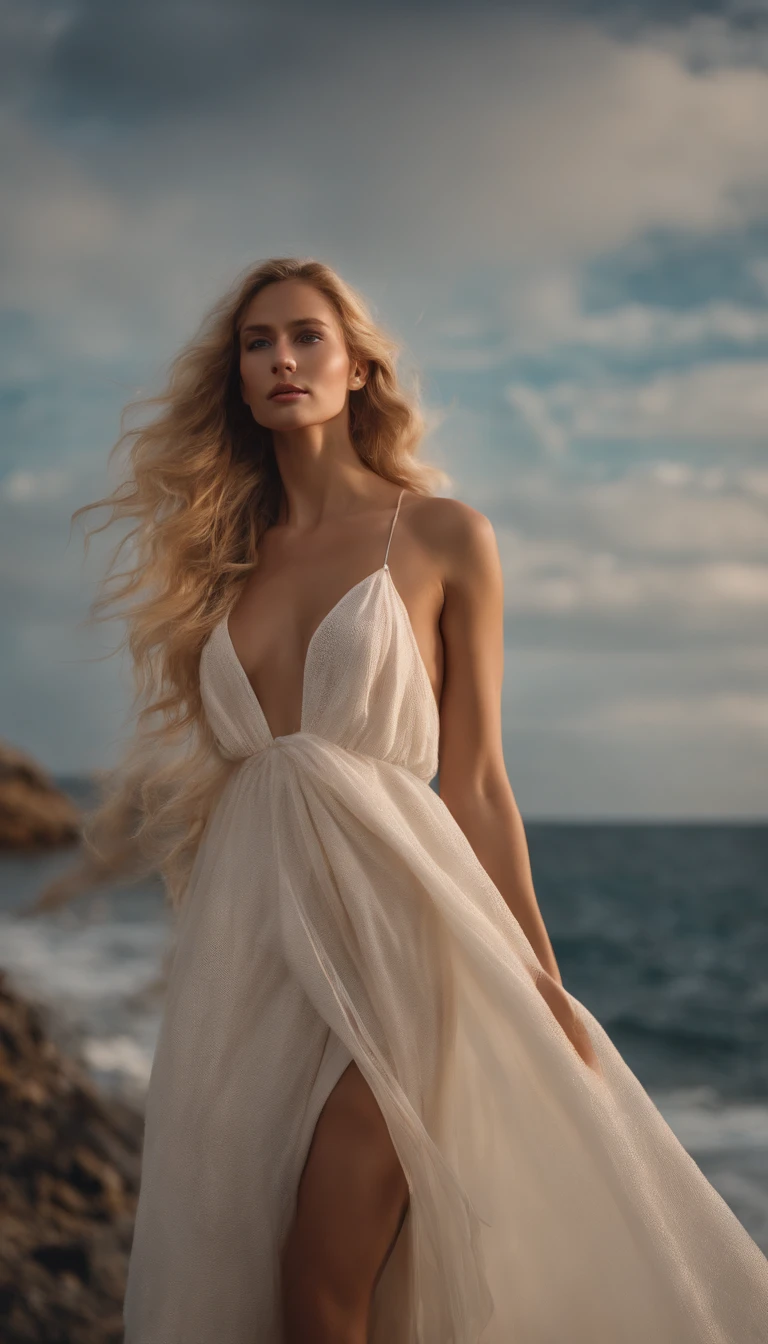 Description of ancient Greek mythology,Colorful clouds fill the entire sky,Wearing Kramis,Greek goddess Venus of beige yarn,Standing naked and light on the sea,Long flowing light blonde hair,Expose the collarbone shoulders,Barefoot,Perfect and exquisite facial features,The sea is misty,Ultra high quality,Highly realistic,8K分辨率,full body shot shot,natural soft light,