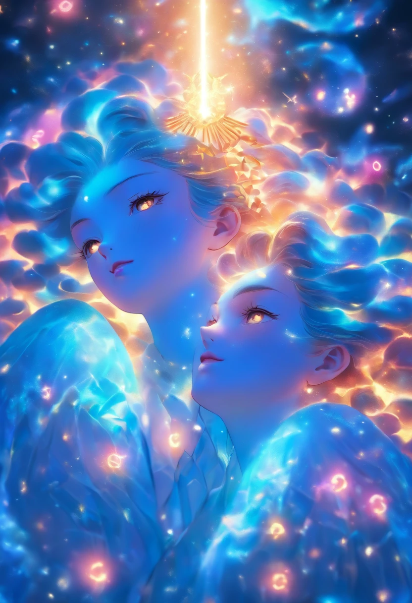 Divine Spirit, s gemeas, representing the zodiac sign of Gemini. cores vibrantes, olhos e labios detalhados, mystic atmosphere, fundo celeste, Artistic illustration, alta qualidade (8K resolution:1.2) realism rendering, soft lighting