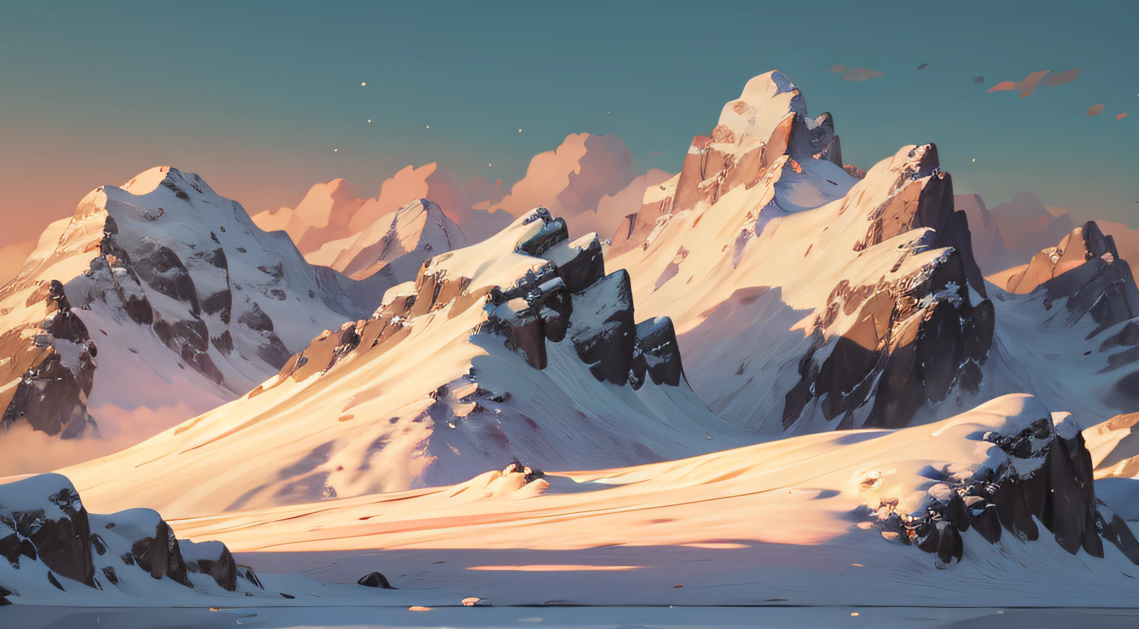 Mountain scene with snow capped peaks and rugged outcrops