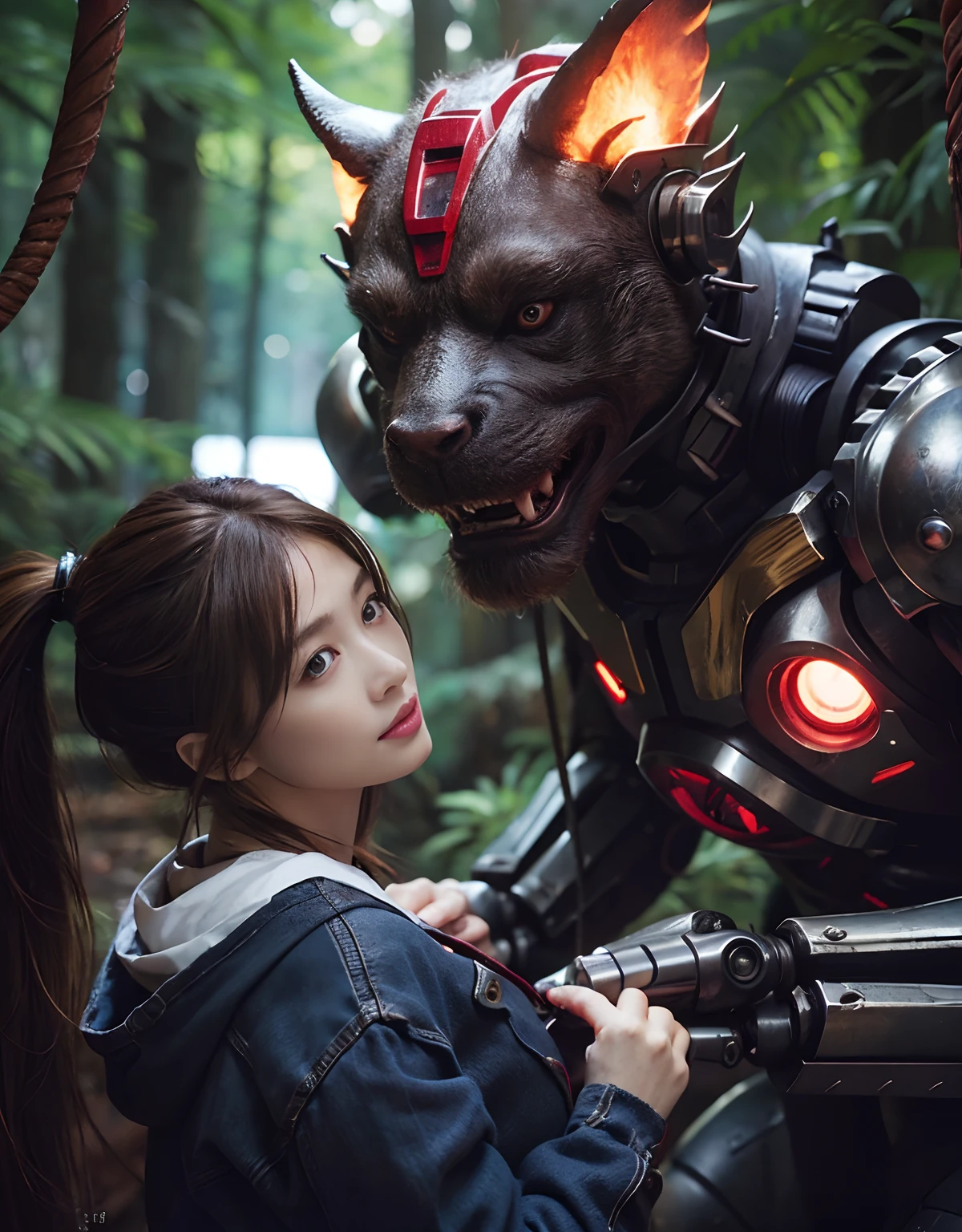 (1 Mechanical Girl)、top-quality、masterpiece、超A high resolution、(Photorealsitic:1.4)、Raw photo、女の子1人、Fight mutants、glowy skin、(((1 Mechanical Girl)))、With a beautiful knife、(Red Metal Bodysuit)、(Fight goblings、ogre、Fierce battle with orcs),(Fight fiercely against aliens)、Fight fiercely、(beautiful forest background)、(Fighting Demonic Beasts)、(Small LED)、((super realistic details))、portlate、(Strong giant demon beast background),globalillumination、Shadow、octan render、8K、ultrasharp、Colossal tits、Raw skin is exposed in cleavage、metals、Details of complex ornaments、Japan details、highly intricate detail、Realistic light、(Mystical expression),CGSoation Trends、Blue eyes、radiant eyes、Facing the camera、neon details、(Mechanical limbs)、(blood vessels connected to tubes)、(Wires and cables connecting to the head)、Small LED、,Mechanical thighs、Toostock、(Hands are also made of machines)、(Attack of the Monster Beasts)、