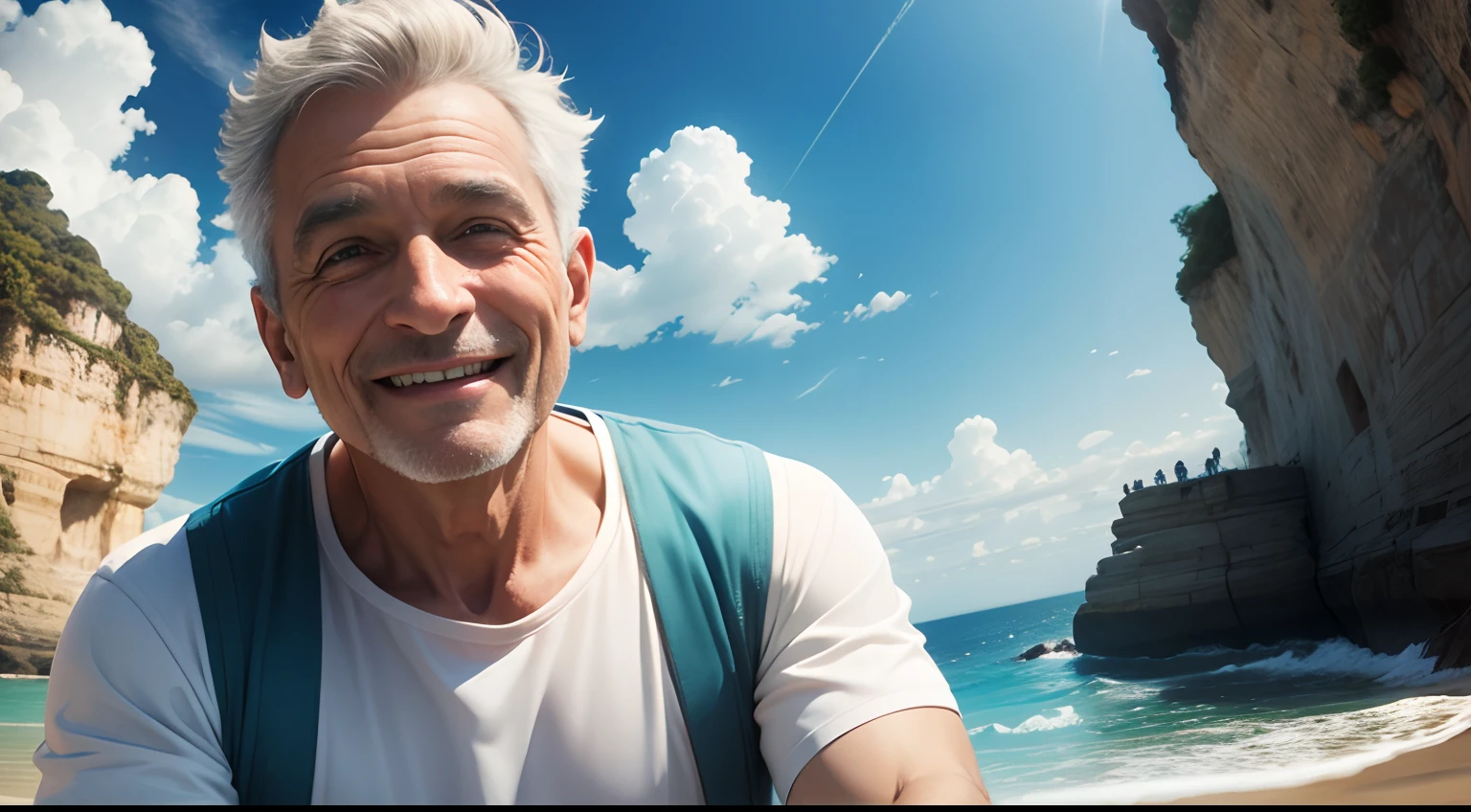 fotorrealista, melhor qualidade, obra-prima, happy man looking at the sky, cliff