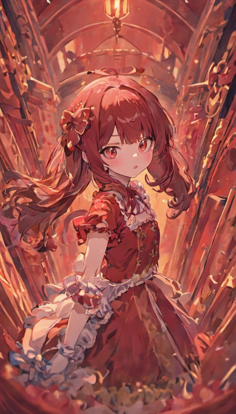 brunette color hair，red color eyes，Lolita prostitute，chies