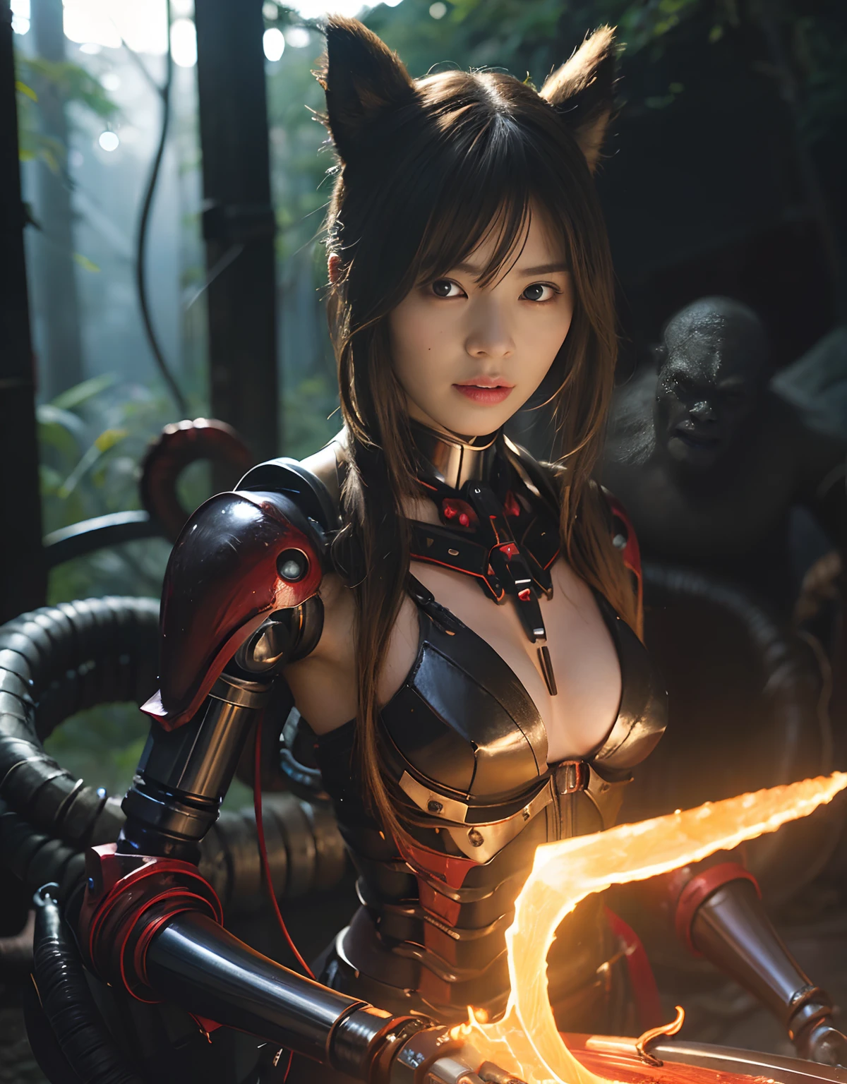 (1 Mechanical Girl)、top-quality、​masterpiece、超A high resolution、(Photorealsitic:1.4)、Raw photo、女の子1人、Fight mutants、glowy skin、(((1 Mechanical Girl)))、With a beautiful knife、（Silver Metal Bodysuit）、(Kobold、ogre、Fierce battle with orcs),（Fight fiercely against aliens）、Fight fiercely、(beautiful forest background)、(Fighting Demonic Beasts)、(Small LED)、((super realistic details))、portlate、(Strong giant demon beast background),globalillumination、Shadow、octan render、8K、ultrasharp、Colossal tits、Raw skin is exposed in cleavage、metals、Details of complex ornaments、Japan details、highly intricate detail、Realistic light、(Mystical expression),CGSoation Trends、Red Eyes、radiant eyes、Facing the camera、neon details、(Mechanical limbs)、(blood vessels connected to tubes)、Mechanical vertebrae attached to the back、mechanical cervical attaching to neck、(Wires and cables connecting to the head)、Gundam、Small LED、,Mechanical thighs、Toostock、（Hands are also made of machines）、（Attack of the Monster Beasts）、（Wounded in a deadly battle）、