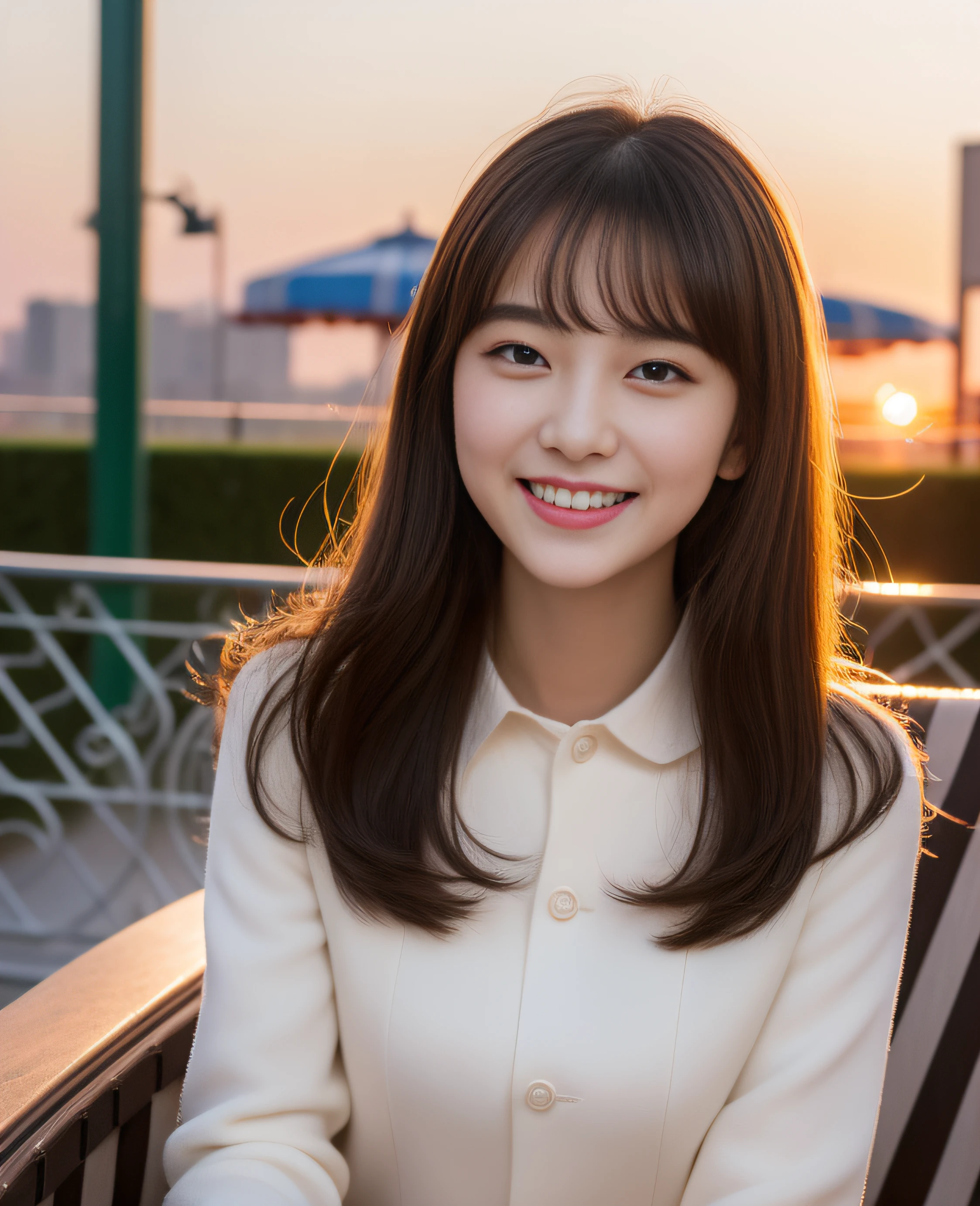 ((Top quality, 8K, Masterpiece: 1.3)), Beautiful girl, Pure, Melon face, Kind and cute, Sweet smile, Pure desire, Slender body, (Facing the camera), (Tilts head), Colorful casual suit , medium hair, long flowing shoulders, big round black eyes, big clear eyes, moist red lips, sweet, (((full body shot))), sitting on a chair on the terrace, amusement park background, sunset ,