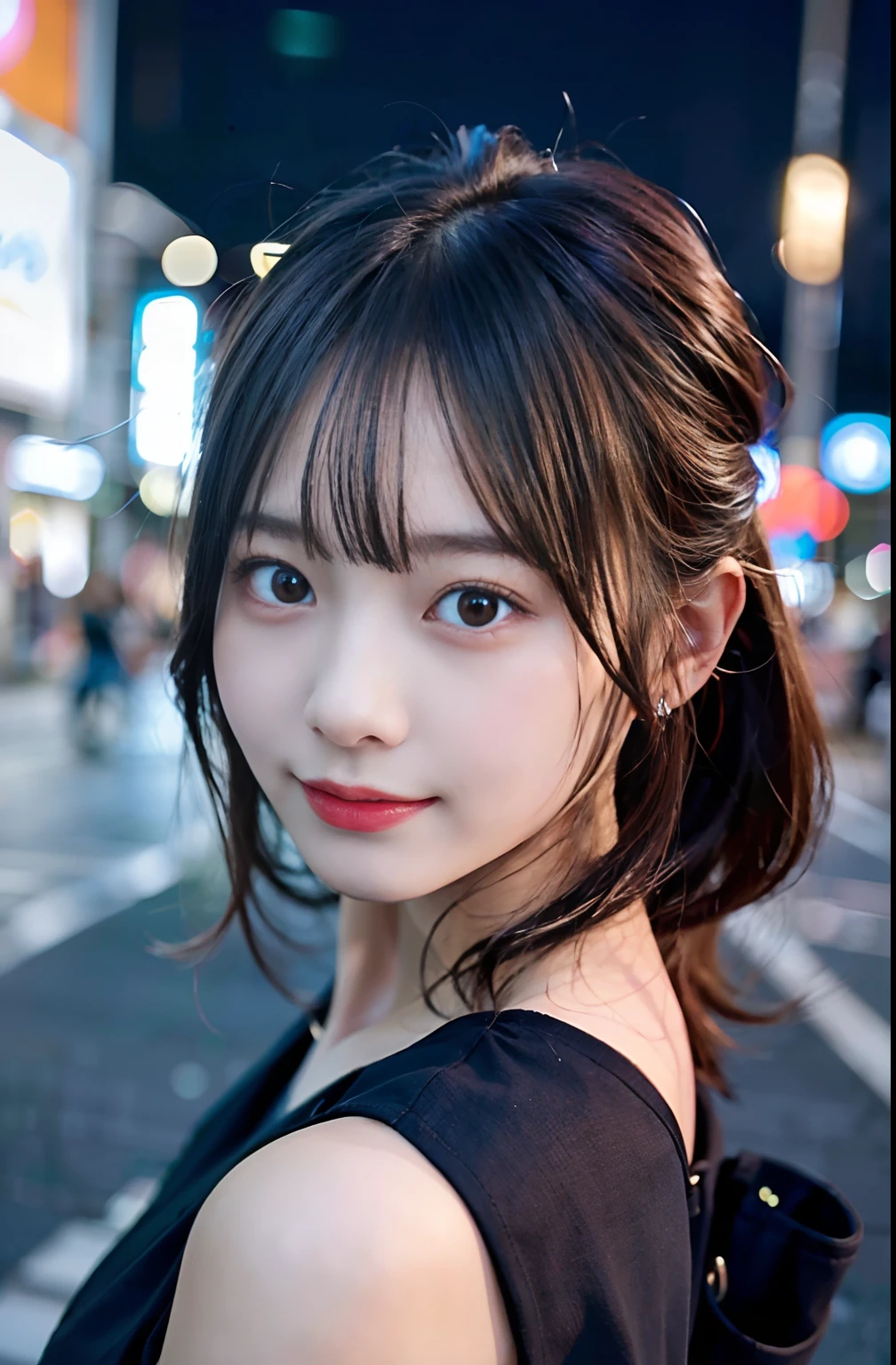 1girl, Tokyo street,night, cityscape,city lights,upper body,close-up,smile,, (8k, RAW photo, best quality, masterpiece:1.2),(realistic, photo-realistic:1.37),