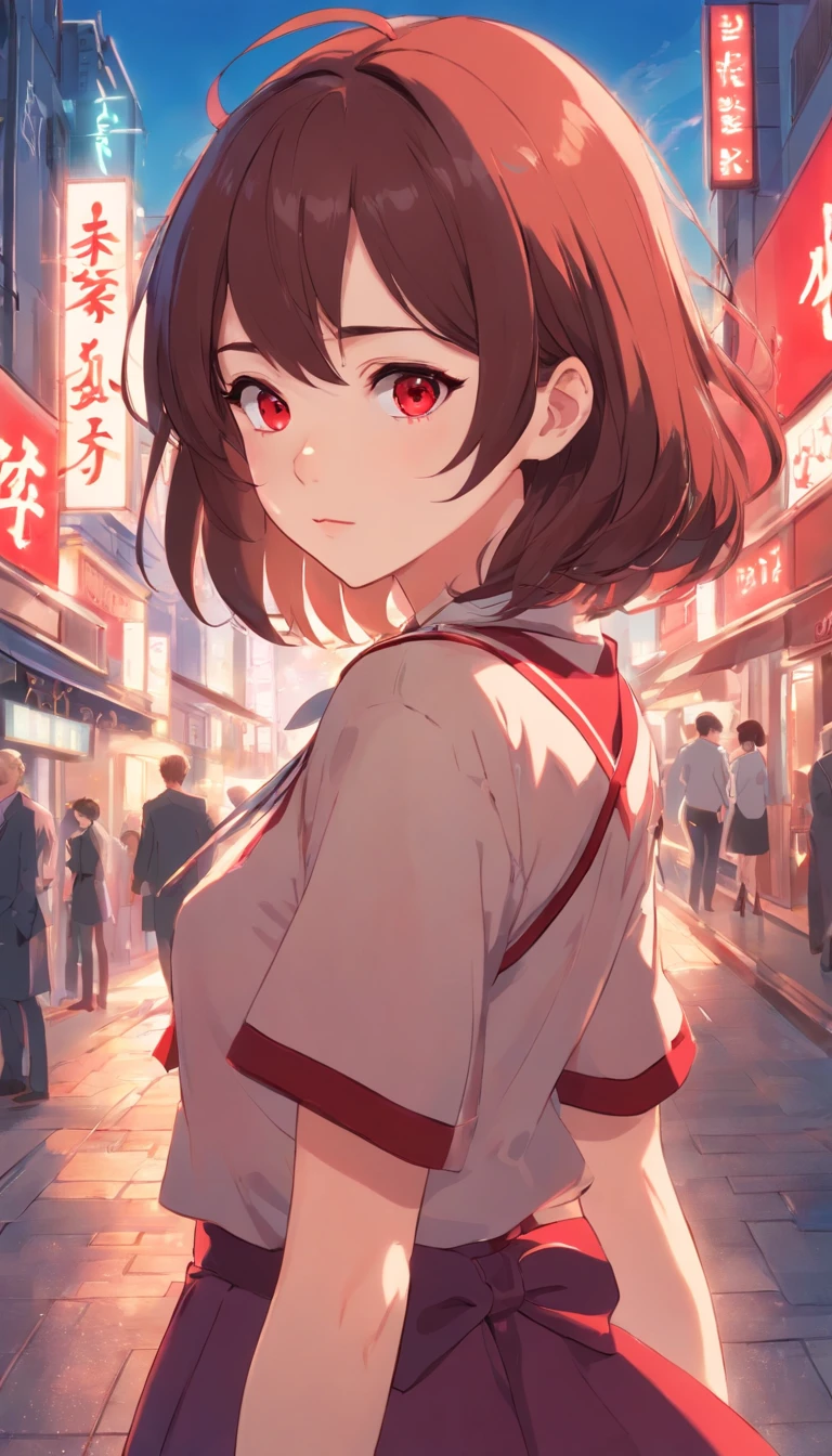 brunette color hair，red color eyes，Lolita prostitute