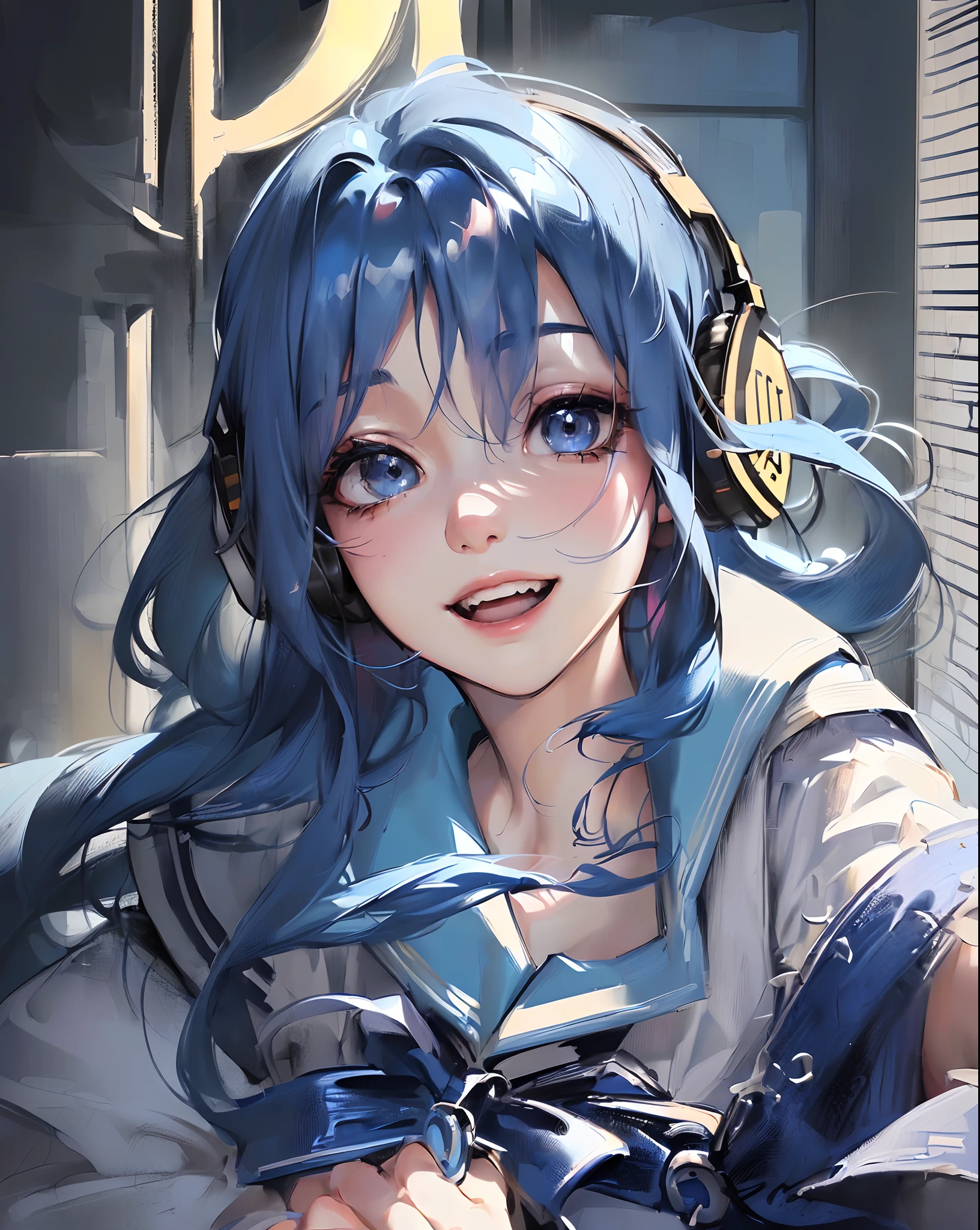 8K,Best quality, masterpiece, ultra high res, (photorealistic:1.4), raw photo, (Authentic skin texture:1.3), (film grain:1.3), (selfie angle),1girl,beautiful detailed eyes and face,masterpiece, best quality,close-up,upper bod, (((a woman with blue hair wearing a sailor outfit and headphones!!!))), anime girl cosplay, anime cosplay, with blue hair, anime girl in real life, beautiful blue haired girl, cosplay, anime inspired, pretty girl with blue hair, professional cosplay, girl with blue hair, anime vibes, nightcore, ((smiling!!!))