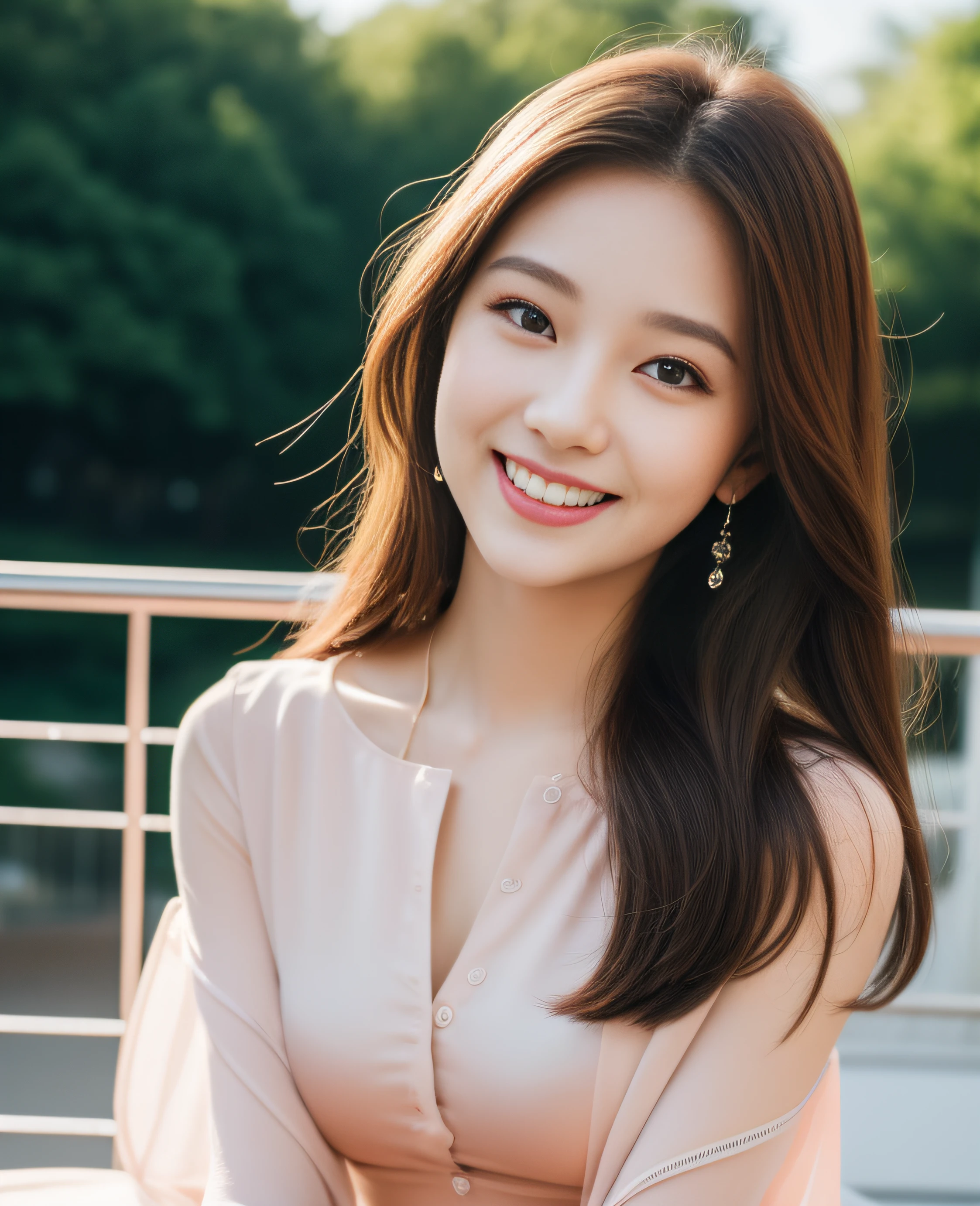 ((Top quality, 8K, Masterpiece: 1.3)), Beautiful girl, Pure, Melon face, Kind and cute, Sweet smile, Pure desire, Slender body, (Facing the camera), (Tilts head), Colorful casual suit , medium hair, long flowing shoulders, big round black eyes, big clear eyes, moist red lips, sweet, (((full body shot))), sitting on a chair on the terrace, amusement park background, sunset ,