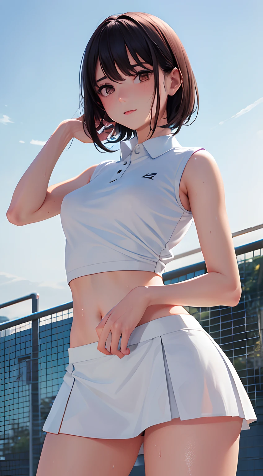 1girl, solo, white polo shirt, white sneakers, tennis wear, white miniskirt, masterpiece, best quality, realistic, hyper-detailed, (shiny skin, sweaty:1.4), absurd, looking at viewer, short black hair, brown eyes, slender, dynamic lighting, high resolution, sharp focus, depth of field, detailed eyes, sharp pupils, realistic pupils, (small breasts:1.6), (thick thighs:1.0), outdoor, sky