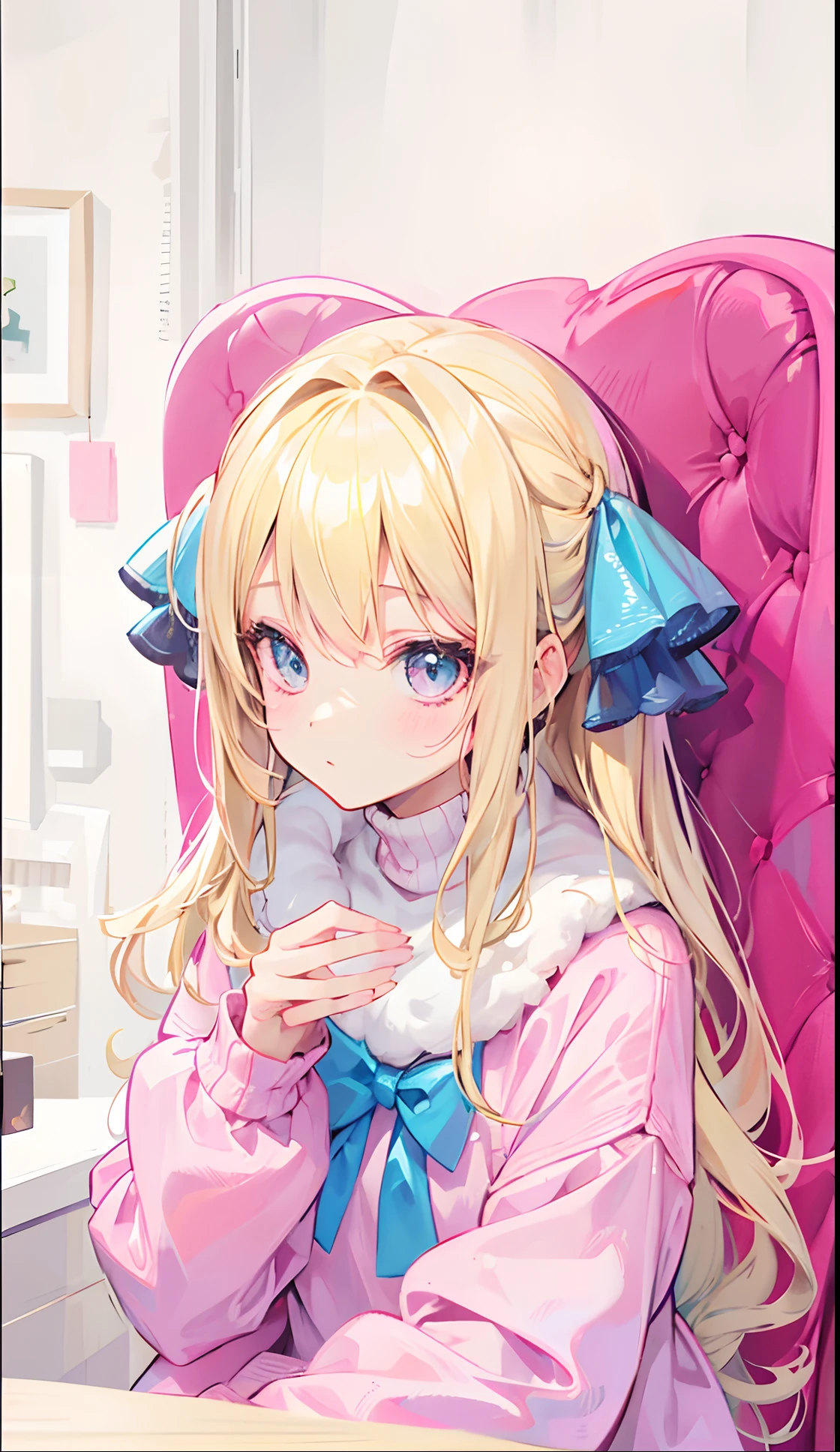 Barbie-like blonde hair，Fluffy pink sweater，Super cute cute girl