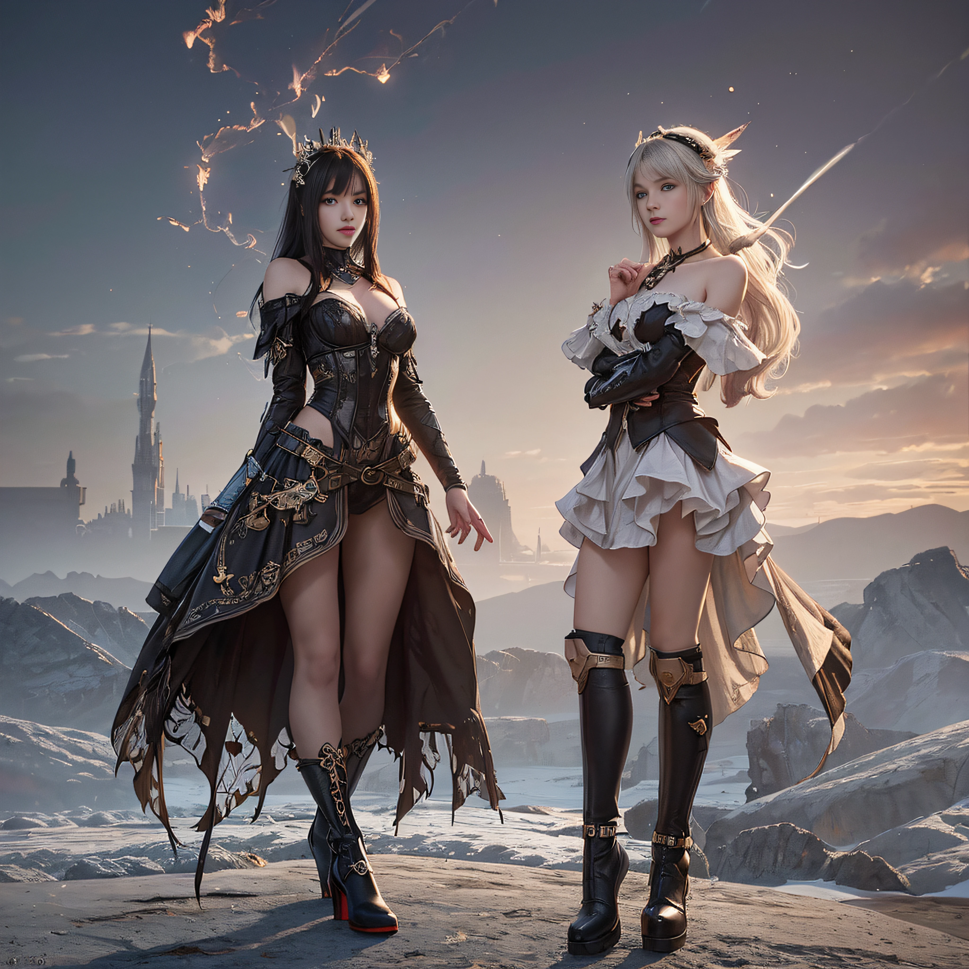((best qualtiy)), ((tmasterpiece)), (detaileds:1.4), 。.。.。.。.。.。.。.。.。.。.。.。.。.3D, Dynamic Action Poses for Battle Scenes, Wing with jet engine, girl with, Mechanical body, Countless large glowing spheres rotate, Lots of spark crossings and splashes, Mechanical body, Off-the-shoulder fashion that fuses detail and intricate steampunk with detail gothic lolita, Poses that evoke magic, Large ball of light spinning and flying,Countless neon signs fall from the sky,very thin long legs,Mechanical boots above the knee,Alternating orange and blue backgrounds,Complex steampunk headdress on alternating background of ice and fire,Fluttering lace flared mini skirt,beautiful small breasts directed upwards,rather long silver hair,long vertical curls,Wind power generation,Burning futuristic complex steampunk factory background,cinmatic lighting,nffsw(HighDynamicRange), Ray traching, NVIDIA RTX, Hyper-Resolution, Unreal 5, Sub-surface scattering, PBR Textures, post processed, Anisotropy Filtering, depth of fields, Maximum clarity and sharpness, multi-layer texture, Albedo e mapas Speculares, Surface Coloring, Accurately simulate light-material interactions, perfectly proportions, rendering by octane, two tone lighting, Large aperture, Low ISO, White Balance, trichotomy, 16K RAW,(tmasterpiece,side slits,Fine beautiful eyes:1.2),paleskin,Glowing skin,Surrounded by light,Colossal tits