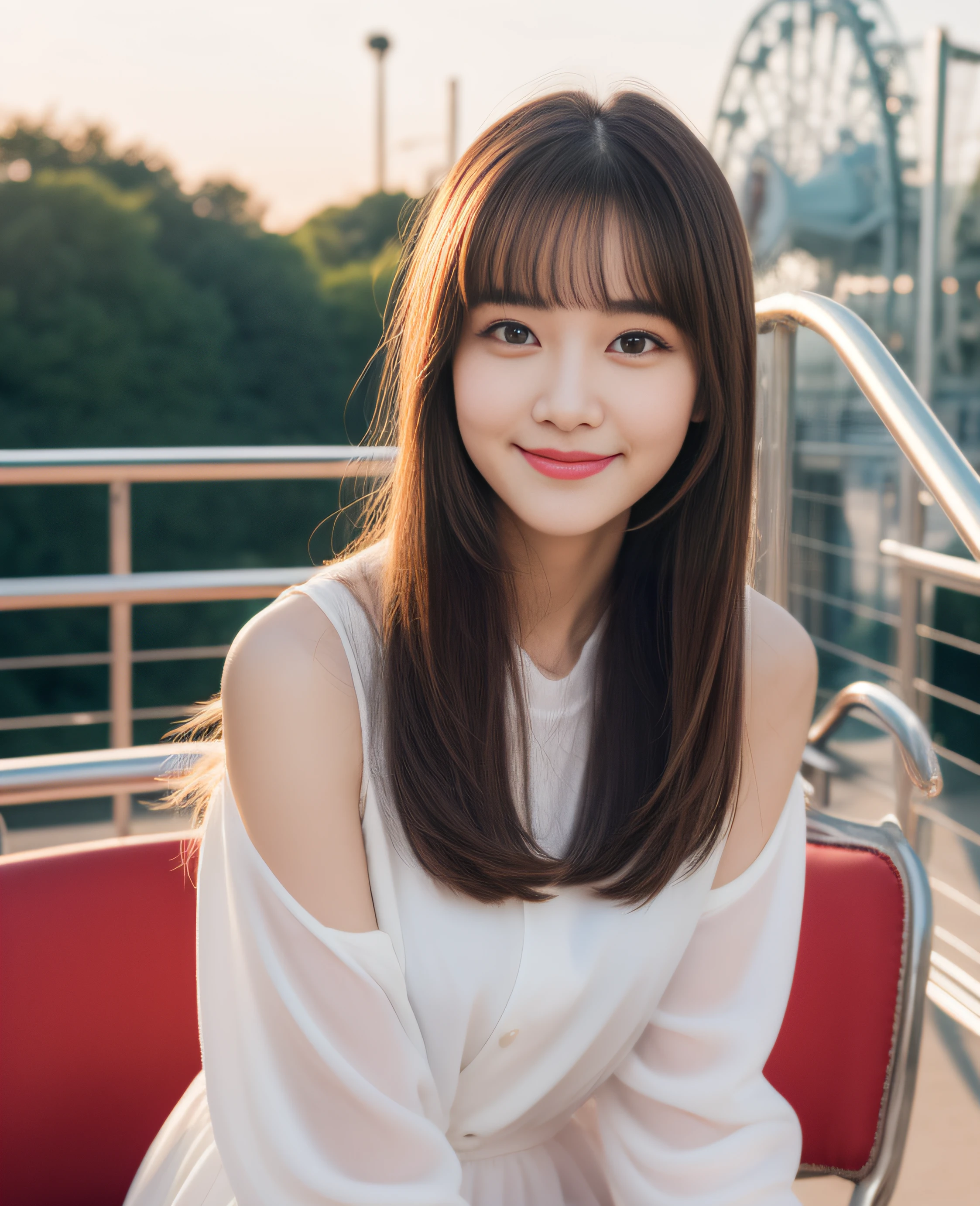 ((Top quality, 8K, Masterpiece: 1.3)), Beautiful girl, Pure, Melon face, Kind and cute, Sweet smile, Pure desire, Slender body, (Facing the camera), (Tilts head), Colorful casual suit , medium hair, long flowing shoulders, big round black eyes, big clear eyes, moist red lips, sweet, (((full body shot))), sitting on a chair on the terrace, amusement park background, sunset ,
