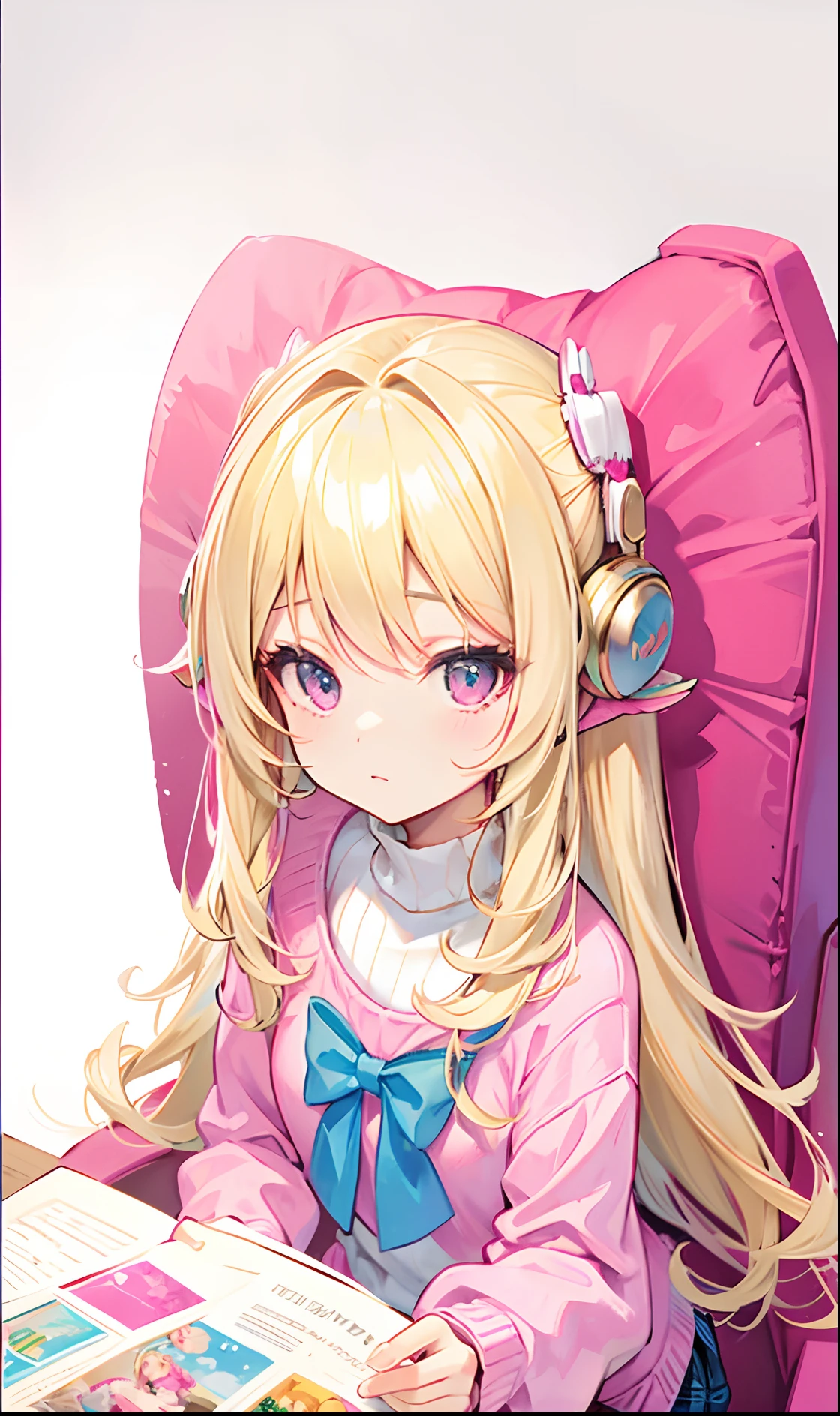 Barbie-like blonde hair，Fluffy pink sweater，Super cute cute girl