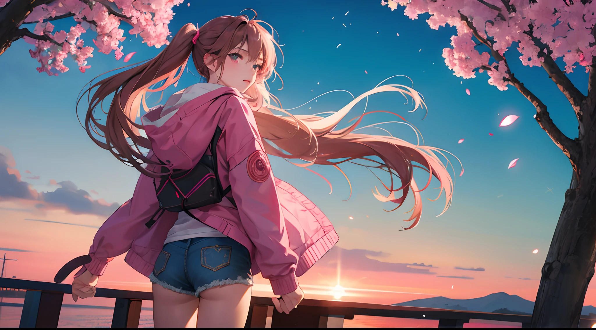 (​masterpiece), ((top-quality)), (ultra-detailliert), ((extremely delicate and beautiful)),the Extremely Detailed CG Unity 8K Wallpapers,细致背景,,colourfull,、Beautiful detailed sky、Evening glow、Drift Racing(Parallel Flow)、Breeze on big cherry tree background、stands in a flowering field，Woman showing her back，Hair that flutters in the wind，Lights to plug in，Lonely look，Gaze into the distance，Pink highlights on brown hair，beautidful eyes，Beautiful eyes，long twin tail hair，Red and pink decorative long jacket with hood，Denim shorts，slim figure，Delicately expresses realistic skin texture，Floating on a spiral luminous object，Firefly luminescence，Facial expression close-up