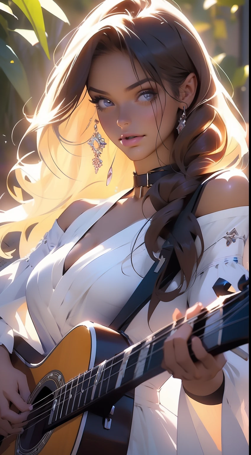 (la mejor calidad posible HDR 4k), Hermosa mujer, hermosa figura, tocando guitarra, (manos perfectas), ((notas musicales en el aire)), natural lighting, romantic lighting