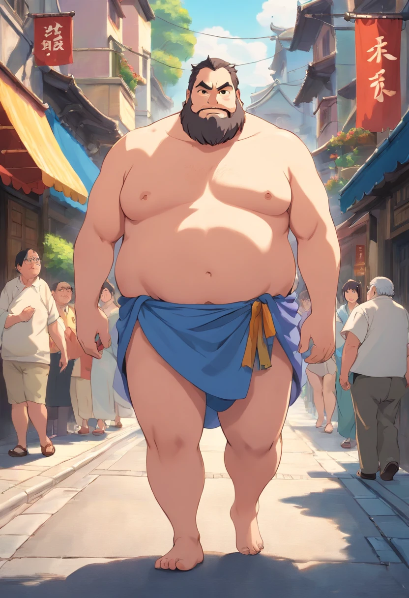 Very fat king walking down the street( Shirtless)   Animation The Emperor's New Clothes