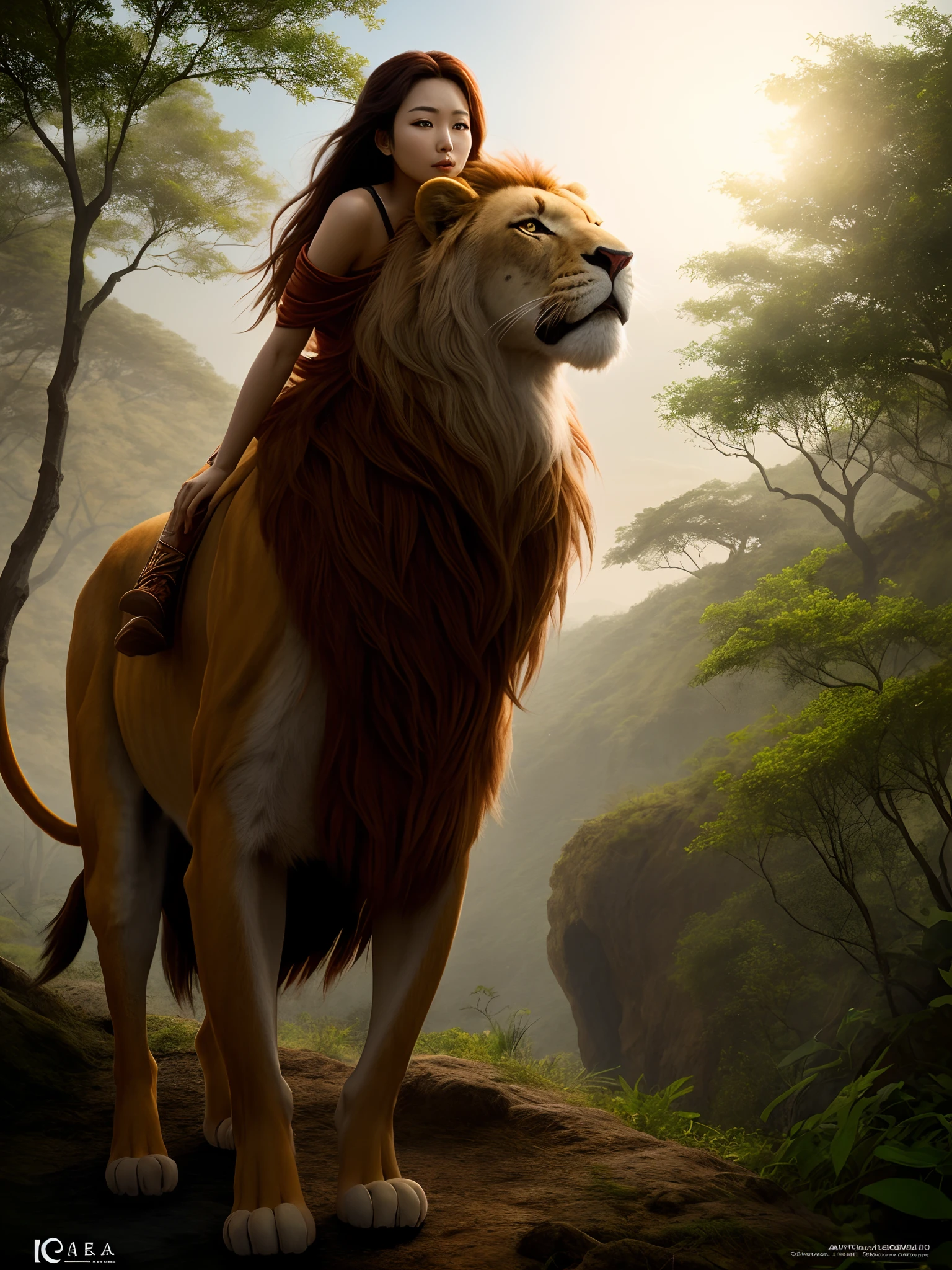 beautiful Korean woman
riding the lion king of the jungle, in a dense forest, real realistic images and good lighting