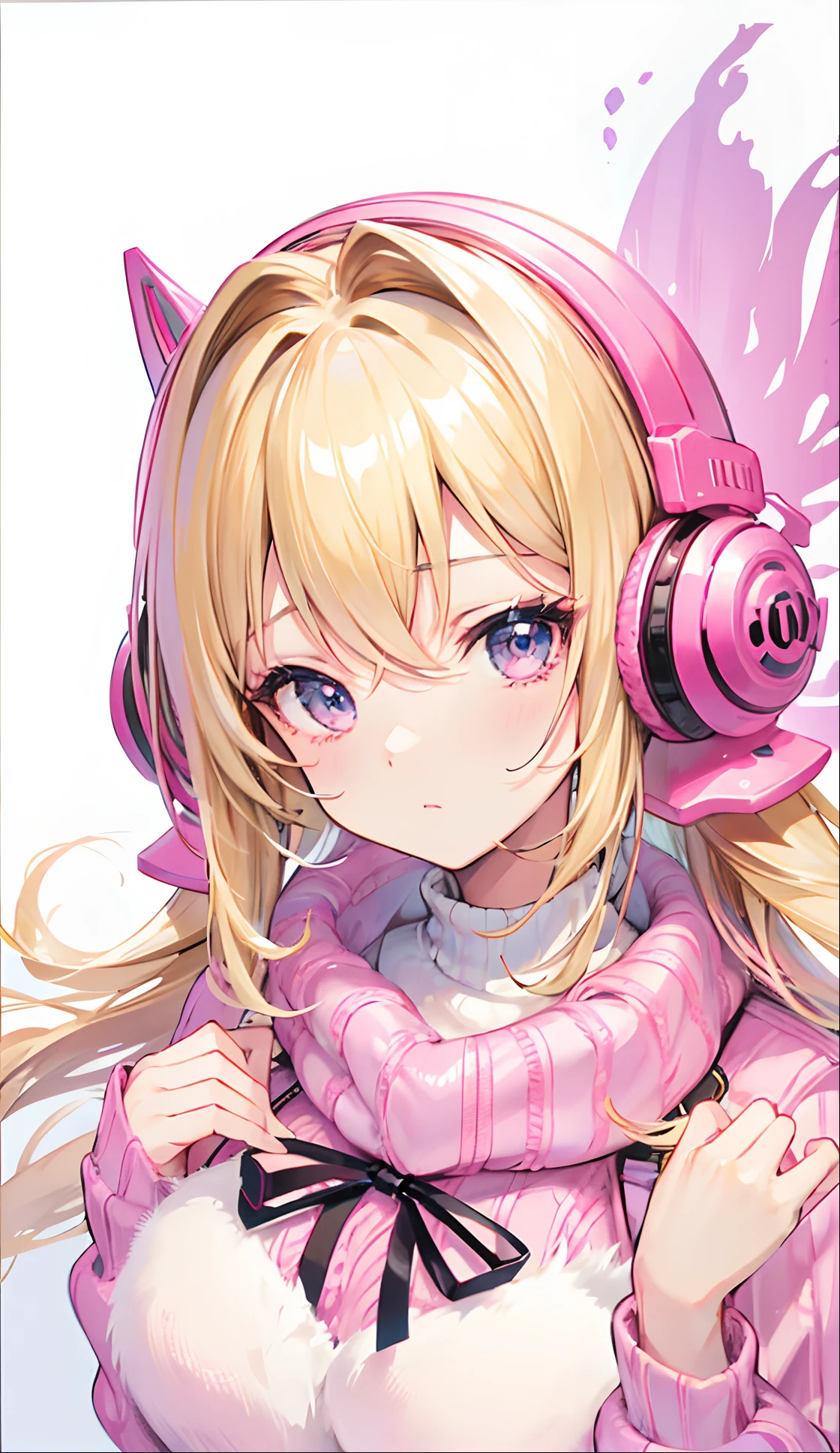 1girl, animal ears, bangs, blush, tights, chest, shut up, fake animal ears, gloves, headphones, headphones, horse ears, impossible clothes, jacket, big breasts, long hair, long sleeves, looking at the audience, pink tights, pink eyes, simple background, skin tight, smile, solo, double ponytail, upper body, very long hair, white background, white gloves, white hair, alice \ (nikke\), (masterpiece: 1.4), (best quality :1.4), (shiny skin), realistic