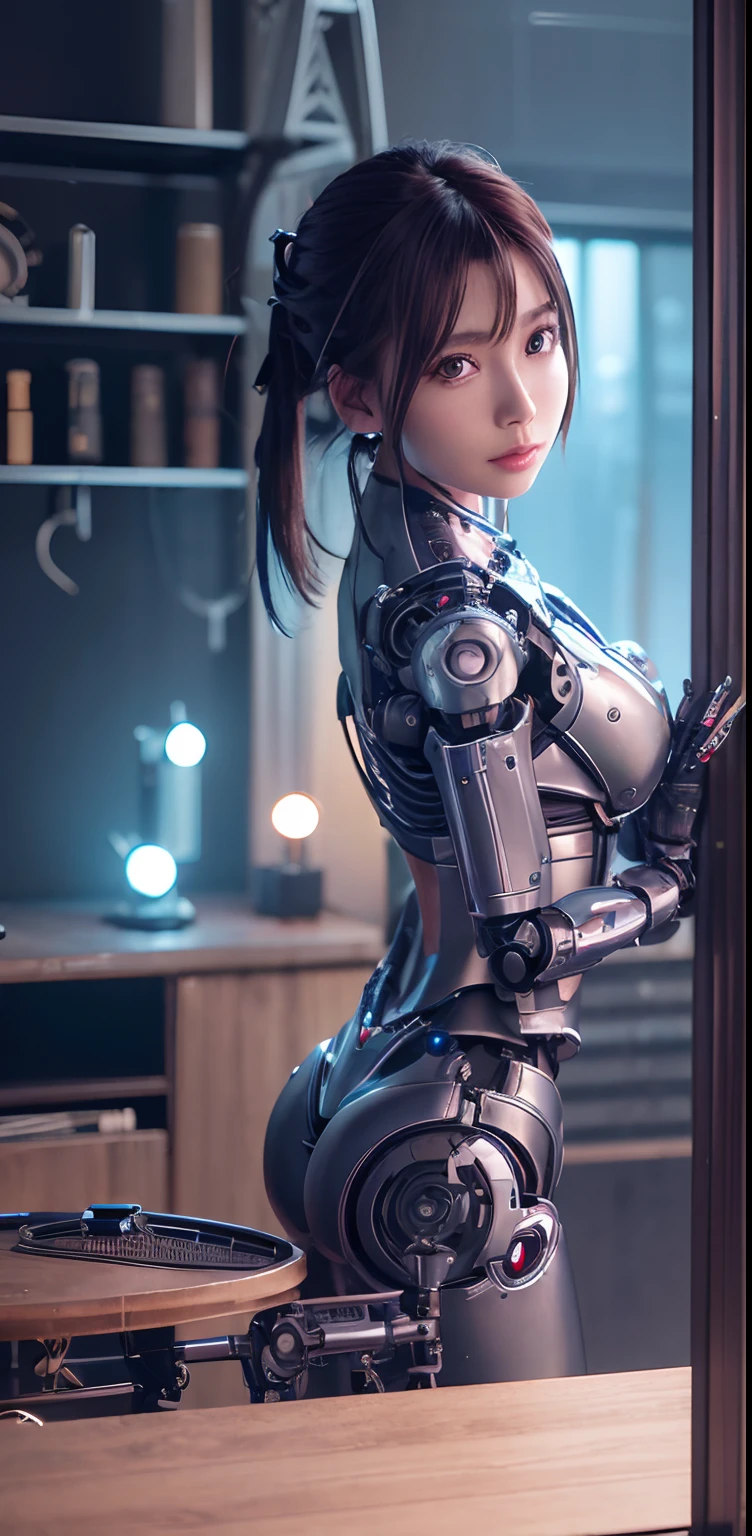 top-quality、​masterpiece、超A high resolution、(Photorealsitic:1.4)、((a beauty girl:1.6)), 1 full-body cyborg girl、、NOhumans、((The skin part is only the face)), Luminous Eyes、((Lots of split metal chest protectors)), Metal Robot、((The whole body is the body of a combat robot))、((Body parts are robot parts:1.8))、((The internal mechanisms of the chest are exposed)), ((Mechanical chest armor with LED indicators and meters)), Robot arms and legs、((Exposed metal skeleton of the abdomen))、Metal skeleton of the cervical region、Under repair、destroyed body、Metal Mechanical Bra、Full Body Metal Skin、Metal bodysuit、Metal scales covering the whole body、body made of metal、Whole body metal、a beauty girl、prosthetic hand、artificial leg、Full body cyborg、Exposed metal skeleton、Asian Beauty、cyberpunked、steampunc、Inside the futuristic space battleship、laboratory、Complex 3d rendering beautiful porcelain profile ultra detailed female type android face、dark brown  hair、glowy skin、((super realistic details))、portlate、globalillumination、Shadow、octan render、metals、Details of complex ornaments、Japan details、highly intricate detail、Realistic light、CGSoation Trends、a purple eye、radiant eyes、Facing the camera、neon details、Mechanical limbs、blood vessels connected to tubes、Mechanical vertebrae attached to the back、mechanical cervical attaching to neck、sitting on、Wires and cables connecting to the head、Gundam、Small LED lamp、​masterpiece、 Metal Robot、body made of metal、Whole body metal、prosthetic hand、artificial leg、Full body cyborg、Exposed metal skeleton、Asian Beauty、cyberpunked、steampunc、Futuristic cities、laboratory、Complex 3d rendering beautiful porcelain profile super detailed female android face、cyborgs、roboticparts、150mm、beautiful studio soft light、Rim Lights、vibrant detail、luxuriouscyberpunk、Ren Hao、surrealistic、Anatomical、face muscles、cable electric wires、microchips、elegent、beatiful backgrounds、octan render、HR Giger Style、8K、top-quality、​masterpiece、illustratio、extremely delicat