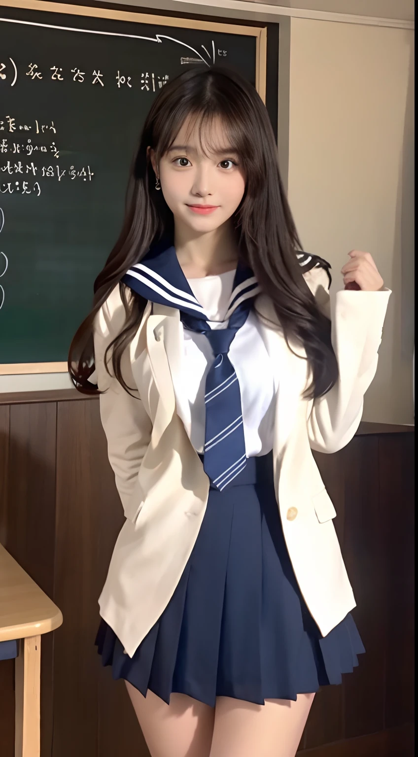 （top-quality，8K，tmasterpiece：1.3）），focal：1.2，Perfect body beauty：1.8，hindquarters：1.2，（（Layered Hair Style，nedium breasts：5.5）），Japanese high school  girl，Sailor costumes worn by Japanese high school students，JK，（schools，‎Classroom），Highly Detailed Face and Skin Textur，largeeyes，Tanuki face，二重まぶた，Whitens the skin，Shot cut，Enchanting pose，