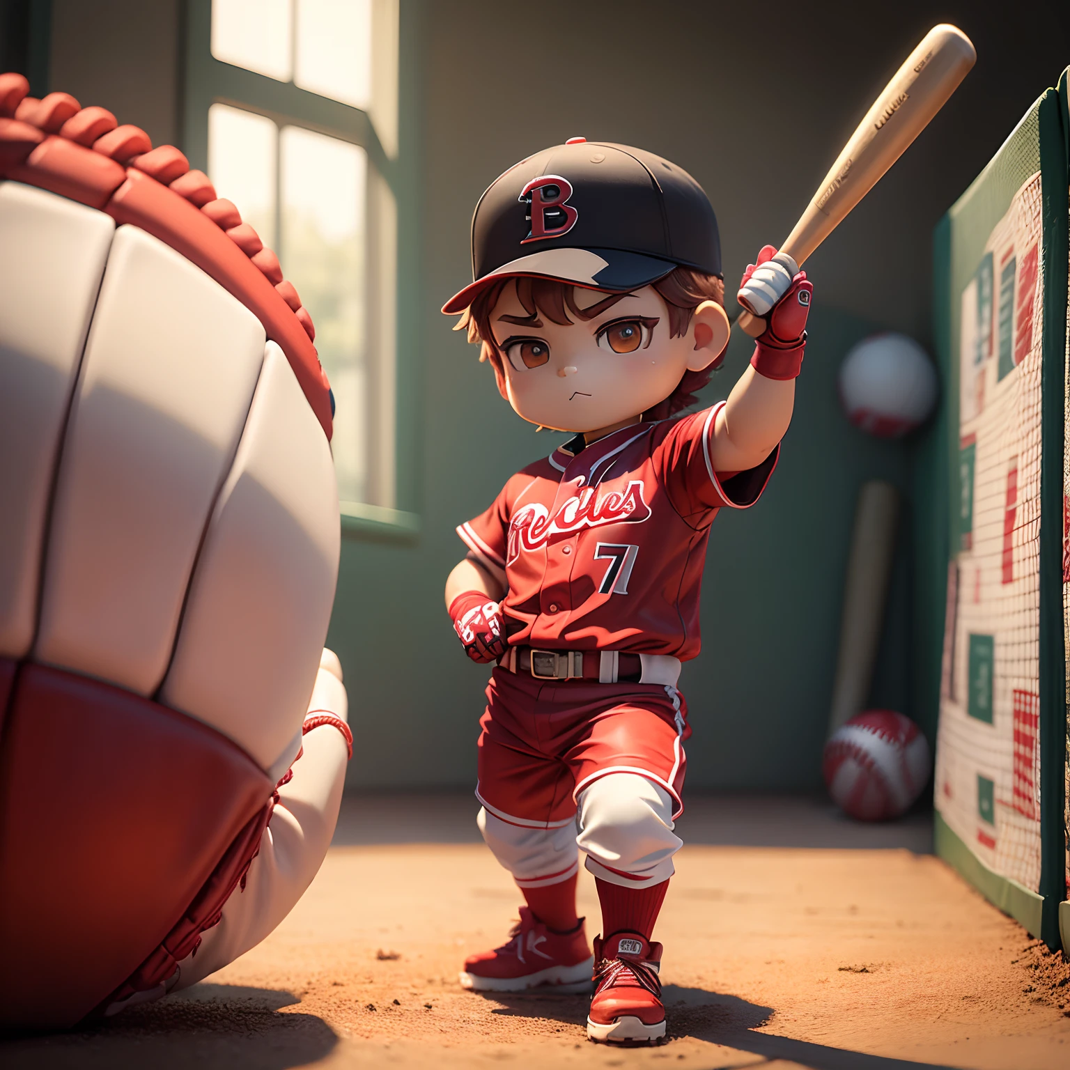 masterpiece、top-quality、ultra-detailliert、(Chibi Baseball Player Boy:1.2)、(Red Baseball Uniform:1.2)、Baseball gloves、Baseball bat、The background is a baseball field、(17 Numbers:1.2)、Cheering curtain、