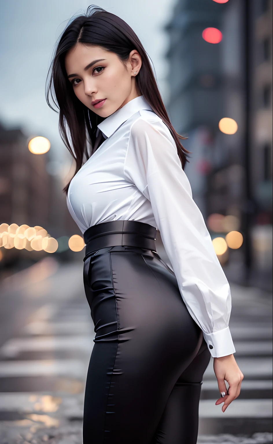 (8k, best quality, masterpiece:1.2), (realistic, photo-realistic:1.37), ultra-detailed, 1 girl,cute, solo,beautiful detailed sky,detailed cafe,night,sitting,dating,(nose blush),(smile:1.15),(closed mouth) small breasts,beautiful detailed eyes,(collared shirt:1.1), night, wet,business attire, rain,white lace, (short hair:1.2),floating hair NovaFrogStyle, flowing high waist satin skirt, ((wide hip, toned thigh, accentuated ass)), perfect body proportion, office suit formal
