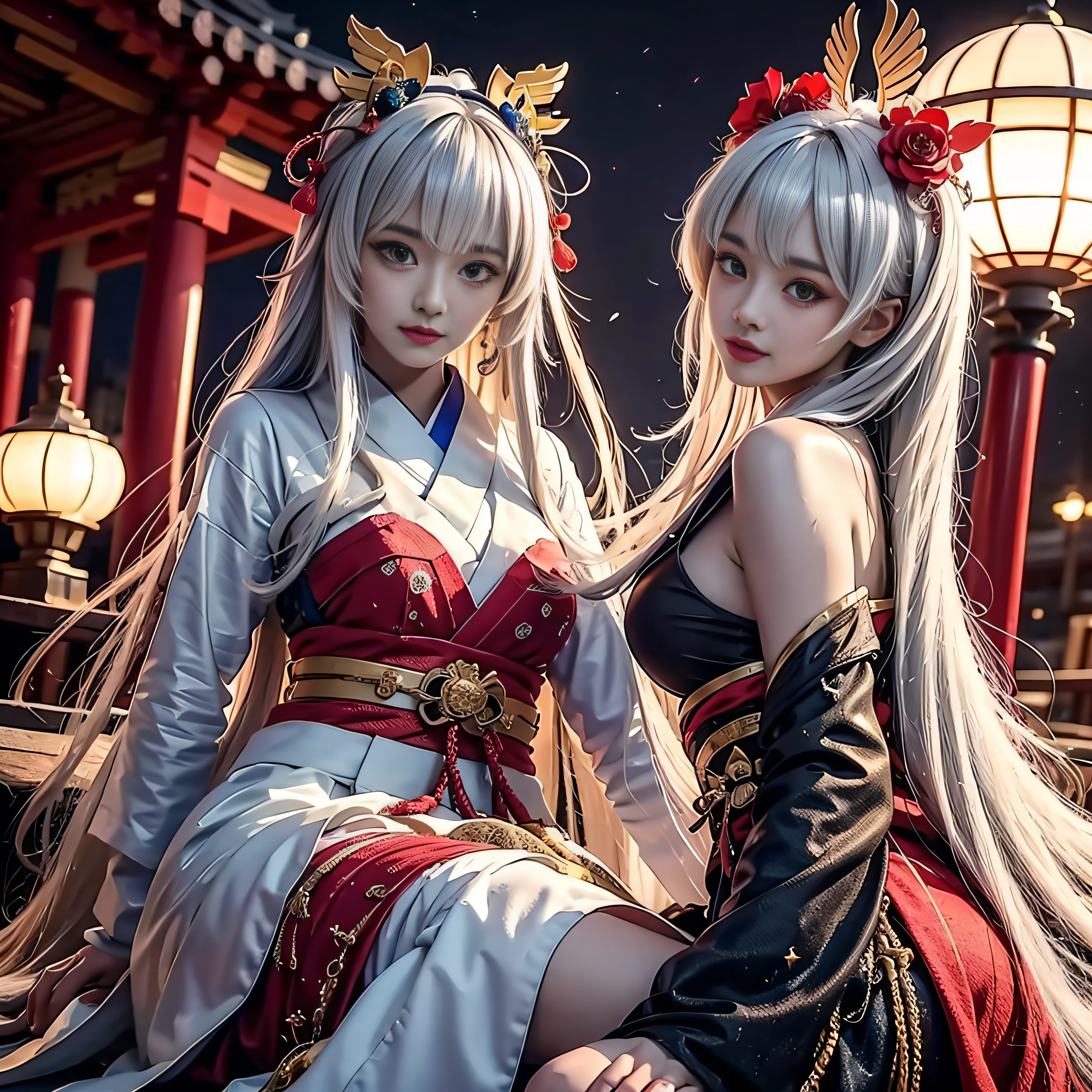 (masterpiece:1.2)、top-quality、(illustratio:1.2)、ornate decorations、(Masterfully crafted Glow、lensflare)、(ultra-detailliert)、Hyper-detailing、(delicate detail)、(intricate detailes)、(Cinematic Light、best quality backlight)、(Bioluminescent hair)、(radiant eyes)、(Dynamic:1.2)、((make - up))、absolutely eye-catching、prehistory、((Splash of colorful paint on background、dulux、))、((coustics))、dynamic ungle、(魅惑的)、(Intricately detailed cinematic:1.1)、Ambient Occlusion、ambient lights、ray tracing reflection、(The best lighting、extremely delicate and beautiful)、((Movie Light))、colourfull、powerfull、(Cinematic Masterpiece)、big dreamy eyes、perfectly proportions、perfectly drawn face、albedo、White hair、chain、comfy、Intense days々々々々々々々々々々々々々々々々々々々々々々、golden sky、seductiv、illustratio、Angels everywhere、yellow eyes、A red rose、chains、splashes of colour、smooth soft skin、the golden hour、Atmosphere、a park、nobara、bullets、Breathtaking、Ambient light coming from the sky、 chain、godrays、The halo、beautiful intricate colored hair、Symmetrical and soft lighting、concept-art、digitial painting、Take a peek at the scenery、realistic reflection、Soft and warm glow coming from tracers everywhere Amaterasu , Incarnation of the Sun, Supreme God of Japan, The god of ancient Japan and the deification of the sun. Ancestors of the Emperor of the Japan, Shinto deity of Japan, Amaterasu Colorful、highestdetailed Tsukiyomi Dojin, Tsukiyo Mizun, Moon incarnation, Supreme God of Japan, The god of ancient Japan and the deification of the moon. Ancestors of the Emperor of the Japan, Shinto deity of Japan, Amaterasu's sister, The background is the Japan shrine sisters, The background is a shrine of Japan Colossal tits plump udder A sexy High exposure Black costume Glamorous Black kimono Black Impulse