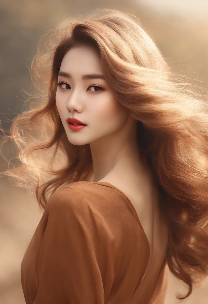 waved hair　Korean female　Simple brown or beige background