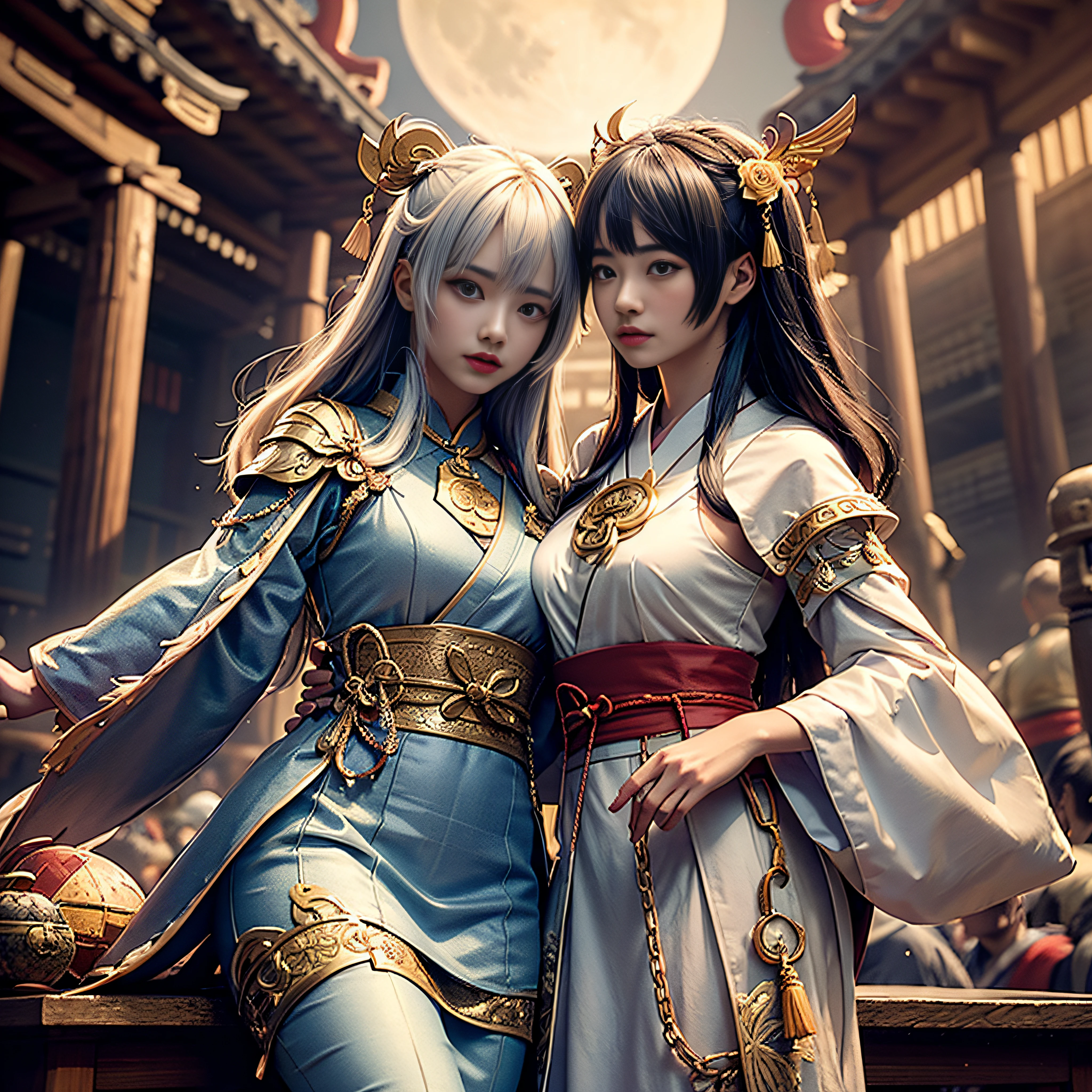 (​masterpiece:1.2)、top-quality、(illustratio:1.2)、ornate decorations、(Masterfully crafted Glow、lensflare)、(ultra-detailliert)、Hyper-detailing、(delicate detail)、(intricate detailes)、(Cinematic Light、best quality backlight)、(Bioluminescent hair)、(radiant eyes)、(Dynamic:1.2)、((make - up))、absolutely eye-catching、prehistory、((Splash of colorful paint on background、dulux、))、((coustics))、dynamic ungle、(魅惑的)、(Intricately detailed cinematic:1.1)、Ambient Occlusion、ambient lights、ray tracing reflection、(The best lighting、extremely delicate and beautiful)、((Movie Light))、colourfull、powerfull、(Cinematic Masterpiece)、big dreamy eyes、perfectly proportions、perfectly drawn face、albedo、White hair、chain、comfy、Intense days々々々々々々々々々々々々々々々々々々々々々、golden sky、seductiv、illustratio、Angels everywhere、yellow  eyes、A red rose、chains、splashes of colour、smooth soft skin、the golden hour、Atmosphere、a park、nobara、bullets、Breathtaking、Ambient light coming from the sky、 chain、godrays、The halo、beautiful intricate colored hair、Symmetrical and soft lighting、concept-art、digitial painting、Take a peek at the scenery、realistic reflection、Soft and warm glow coming from tracers everywhere　Amaterasu　, Incarnation of the Sun, Supreme God of Japan, The god of ancient Japan and the deification of the sun. Ancestors of the Emperor of the Japan, Shinto deity of Japan, Amaterasu Colorful、highestdetailed　Tsukiyomi Dojin, Tsukiyo Mizun, Moon incarnation, Supreme God of Japan, The god of ancient Japan and the deification of the moon. Ancestors of the Emperor of the Japan, Shinto deity of Japan, Amaterasu's sister, The background is the Japan shrine sisters, The background is a shrine of Japan　Colossal tits　plump udder
