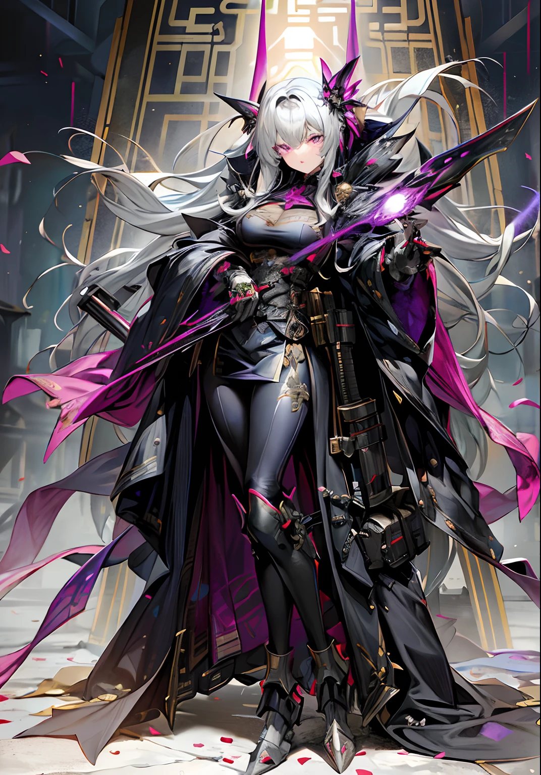 (QUALITY:0) 8k, 8k wallpaper, (Extremely Delicately Beautiful:1.1), (美丽细致的眼睛:1.3),Dark_fantasy, cyber punk perssonage, (Black-purple: 1.1), 1 persons, Mechanical Wonder,Gentle face,Kind maiden,(tight leather clothes:1.5), (Clear facial depiction:1.5), full bodyesbian, Armored dress, greyt hair,By bangs, long whitr hair,(China-style:1.8),Shawl,((black greatcoat)),Office attire, good legs, Clear waist and long legs, Beautiful legs, cleavage,Good face,Glowing eyes, Purple eyes, Gentle expression,Mecha long skirt,clear hand,five finger,(from_below, full_body:1.4), (solo:1.4 ),