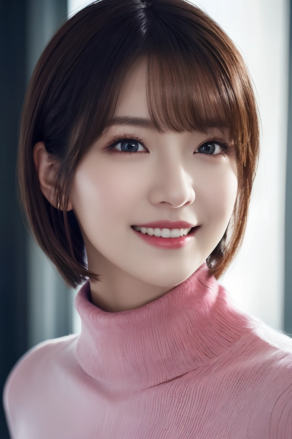 1girl in, (Red Turtleneck, Wearing a pink coat:1.2), (Raw photo, Best Quality), (Realistic, Photorealsitic:1.4), masutepiece, Extremely delicate and beautiful, Extremely detailed, 2k wallpaper, amazing, finely detail, the Extremely Detailed CG Unity 8K Wallpapers, Ultra-detailed, hight resolution, Soft light, Beautiful detailed girl, extremely detailed eye and face, beautiful detailed nose, Beautiful detailed eyes, Short hair, 
 Cinematic lighting, Winter scene, Perfect Anatomy, Slender body, Smiling