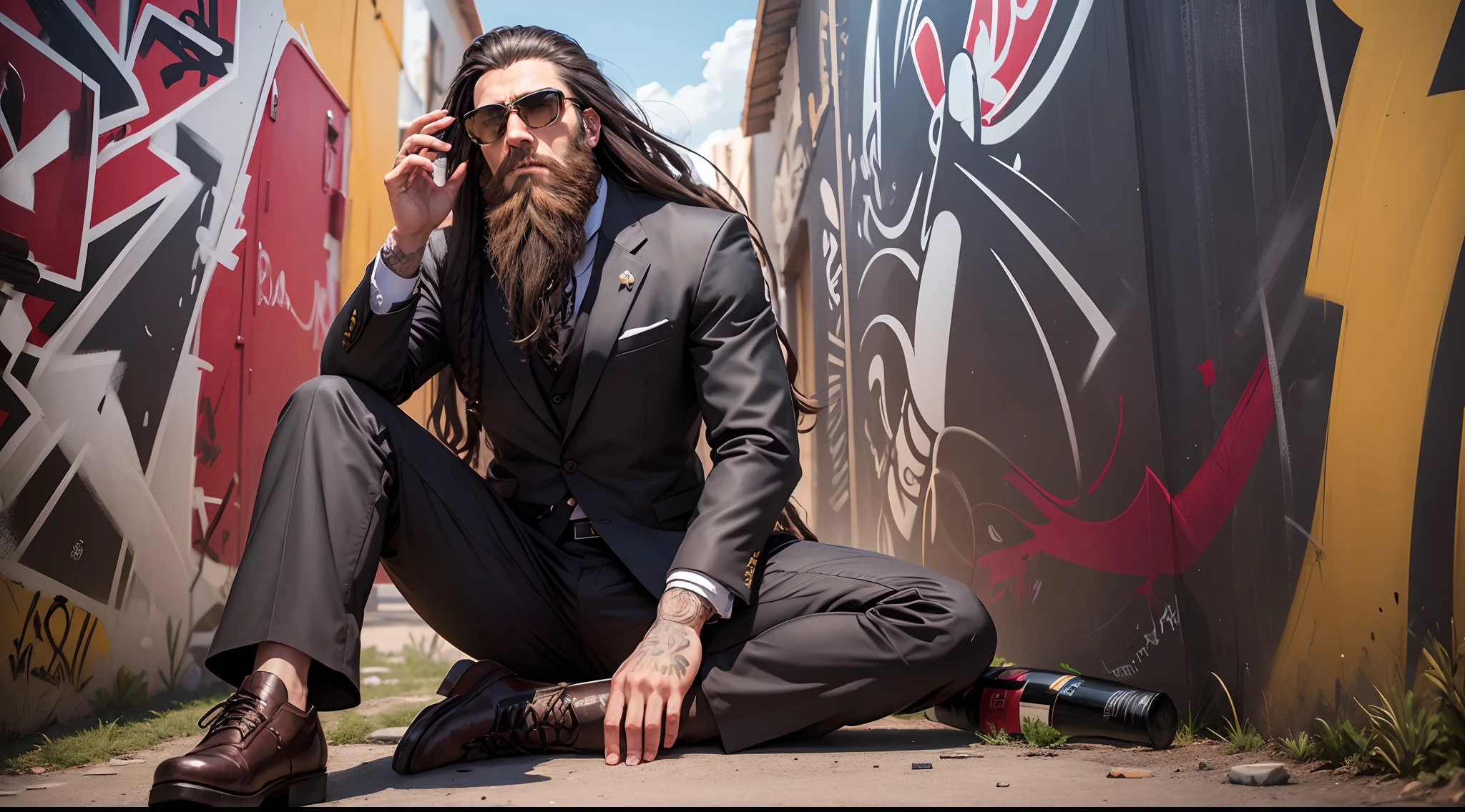 A long beard man, sun glass, wearing suit, dredlock hair, sitting, graffiti wall,a wine bottle, masterpiece, information, hyper detailed, five fingers, detailed hand and leg