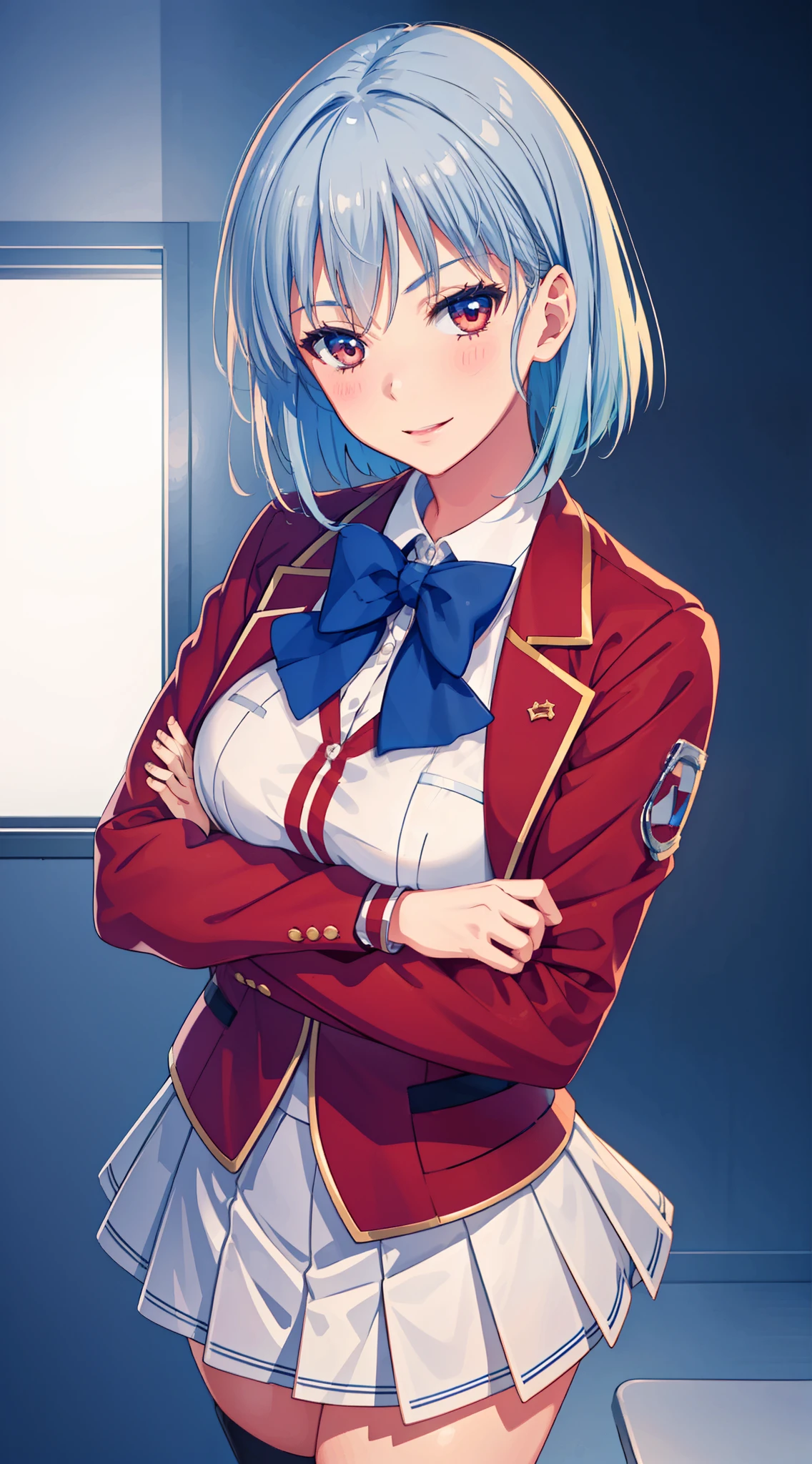 1 girl, short hair, light blue hair, Red school uniform, White skirt, Red Jacket, blush, smiling, happy, classroom of the elite 
masterpeace, best quality, (extremely detailed CG:1.4), highly detailed faces, glowing, sidelighting, wallpaper