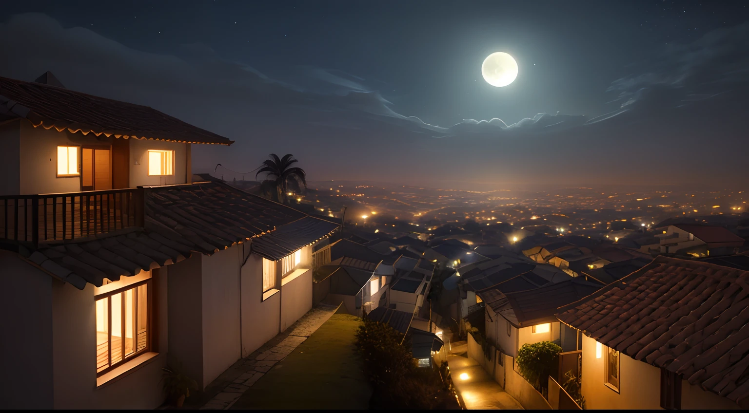 night time, luz da lua, nuvens escuras, uma pequena casa, (((um corvo voando sobre a casa))) , disparo focado no corvo